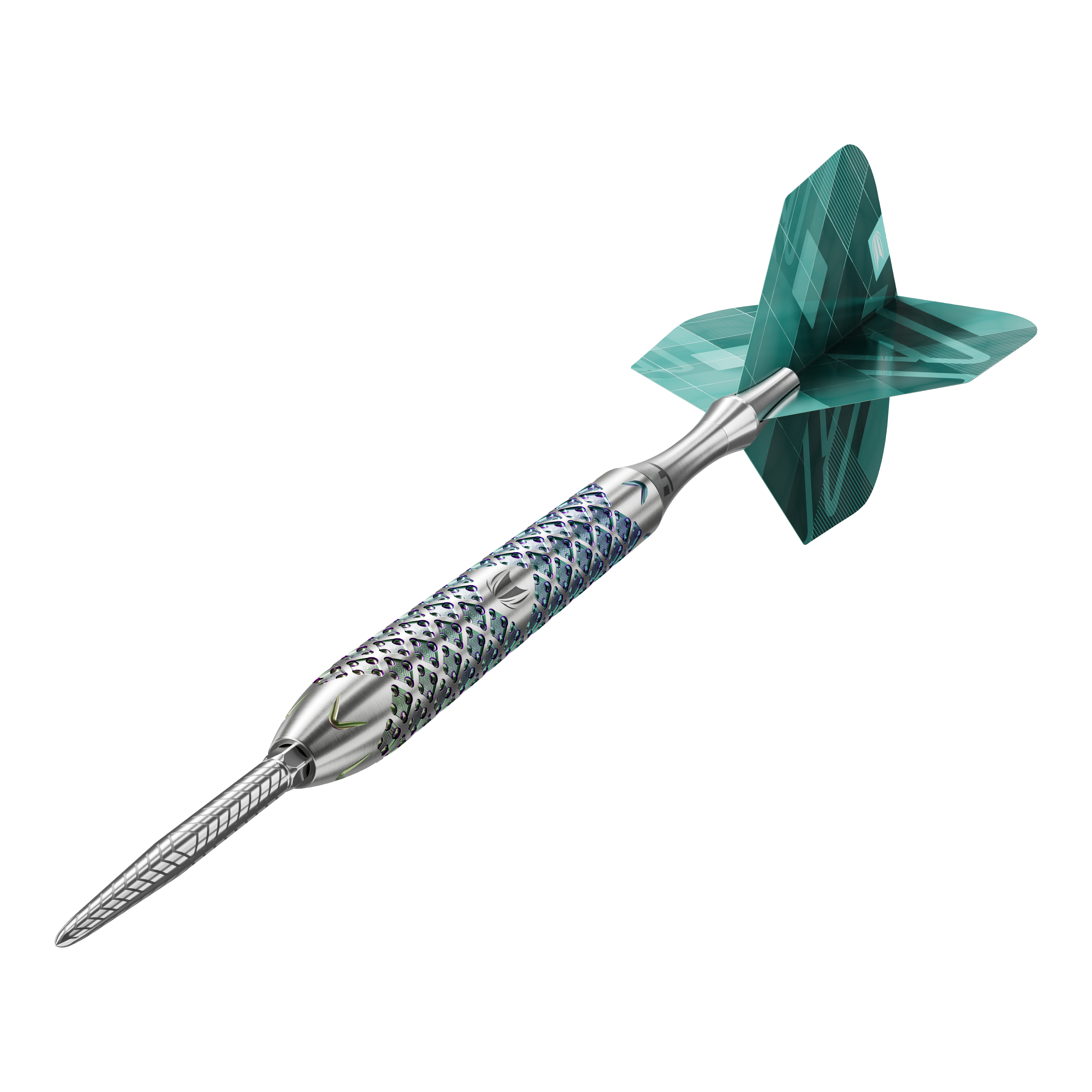 Stalowe lotki Target Rove 03 Swiss Point Das Bild zeigt den Target Rove 03 Swiss Point Steeldart. Der Dart hat einen silbernen, strukturierten Schaft und grüne Flights.