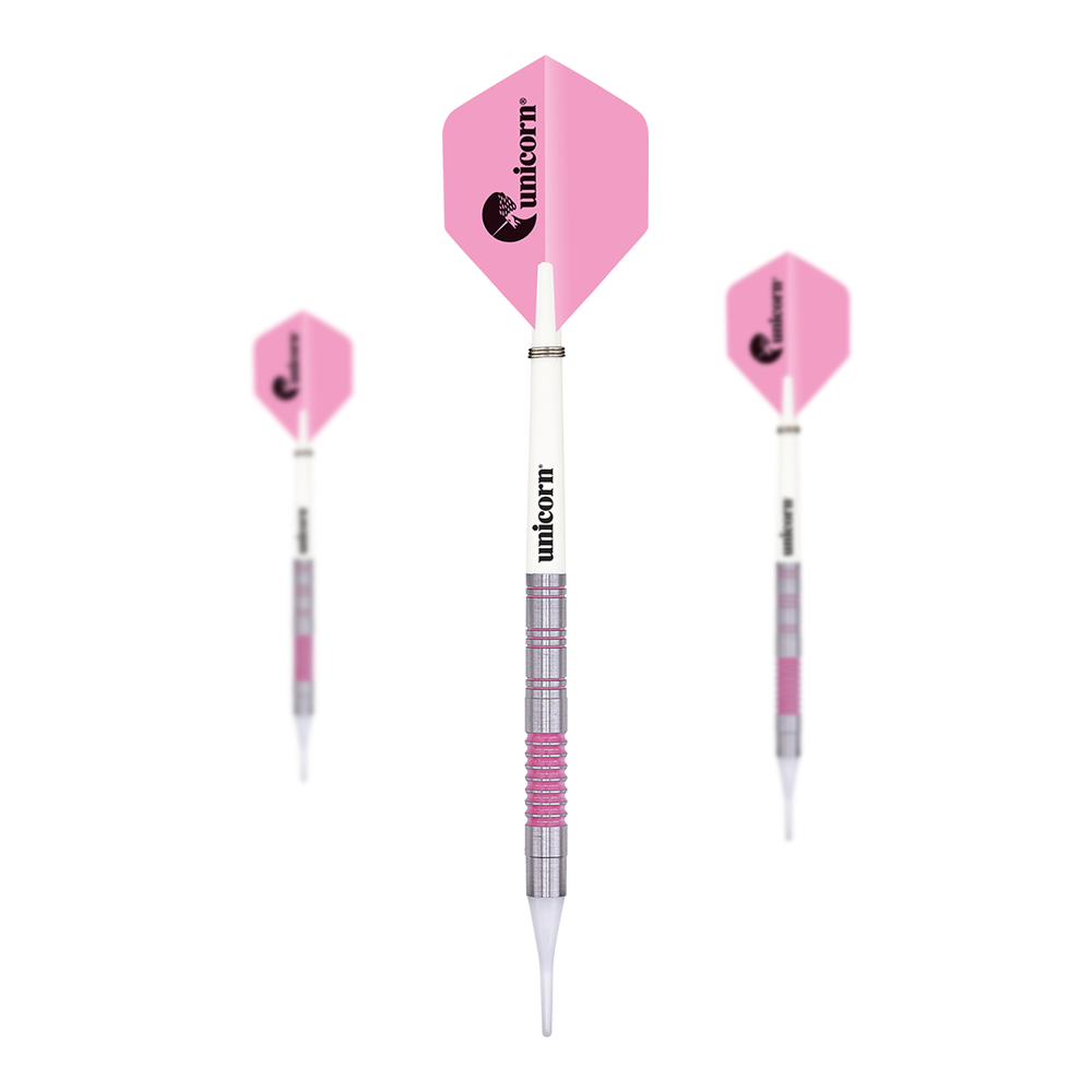 Miękkie rzutki Unicorn Autograf - 19g Das Bild zeigt drei Softdarts des Produkts "Unicorn Autograph Softdarts - 19g". Die Darts haben pinke Flights und einen silber-weißen Schaft mit pinken Akzenten.