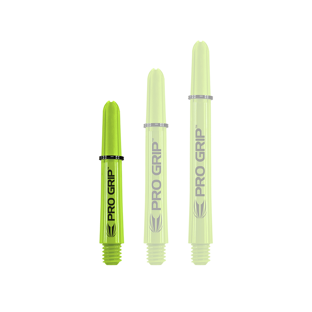 Uchwyty Target Pro Grip - 3 zestawy - limonkowy Das Bild zeigt drei limegrüne Pro Grip Shafts in unterschiedlicher Länge. Auf jedem Schaft steht gut sichtbar der Schriftzug "PRO GRIP".