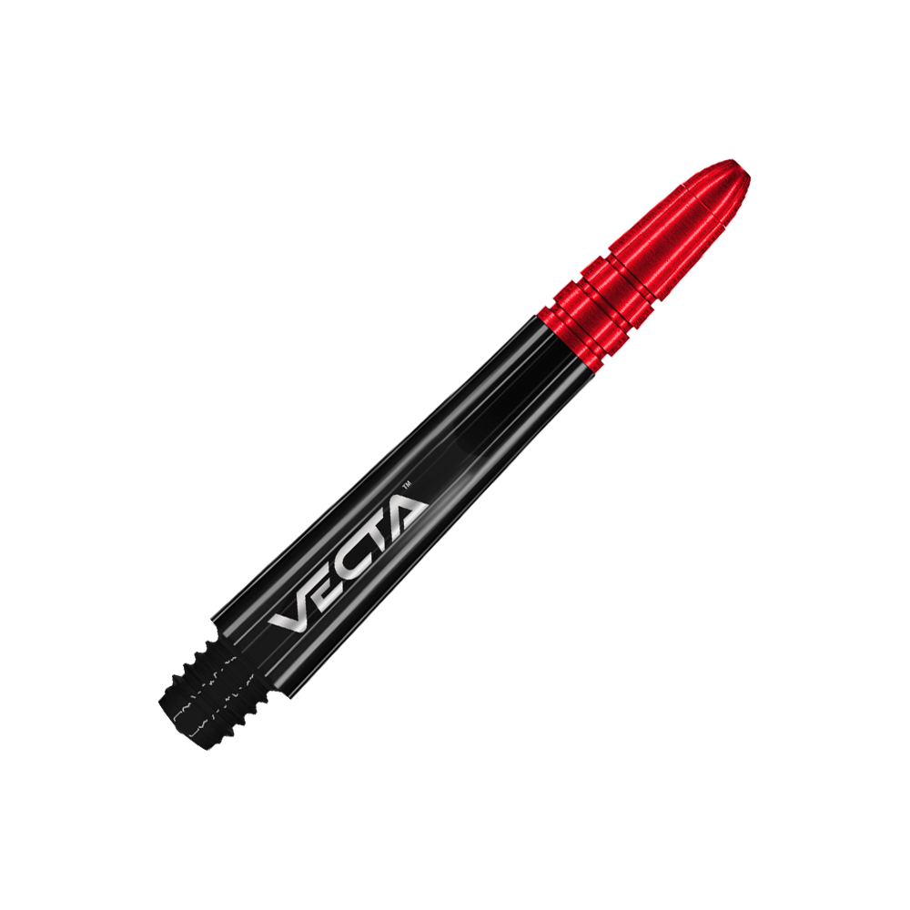 Winmau Vecta Shafts - Schwarz Rot Das Bild zeigt einen Dart-Schaft in den Farben Schwarz und Rot. Auf dem Schaft steht das Wort „Vecta“.