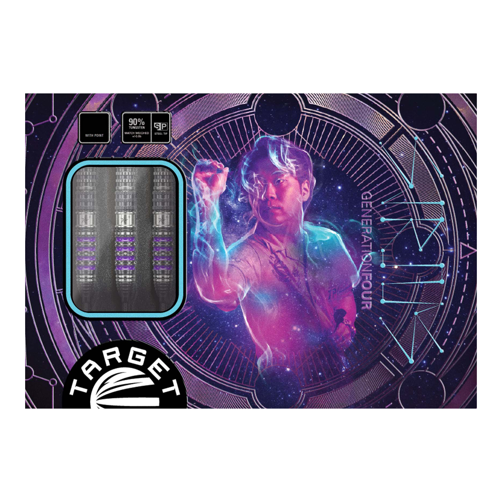 Lotki stalowe Target Japan Prime Series Sirius GEN4 Swiss Point Die Abbildung zeigt die Verpackung der "Target Japan Prime Series Sirius GEN4 Swiss Point Steeldarts". Auf dem Cover ist ein farbenfrohes, futuristisches Design mit einer Person und drei Darts zu sehen.