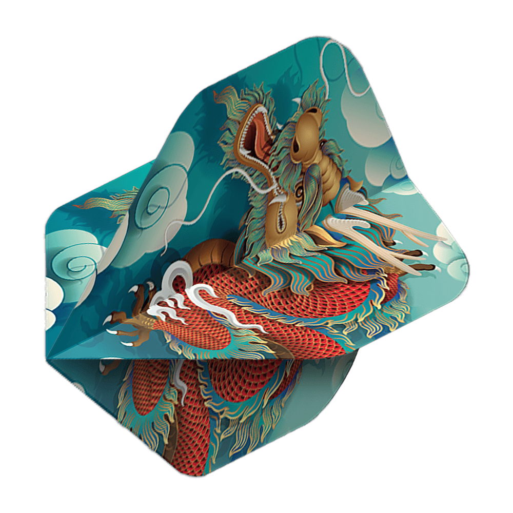 Pentathlon Flights Dragon Das Bild zeigt ein Dartflight mit einem farbenfrohen Drachenmotiv auf blauem Hintergrund. Es handelt sich um das Produkt "Pentathlon Dragon 5 Standard Flights".