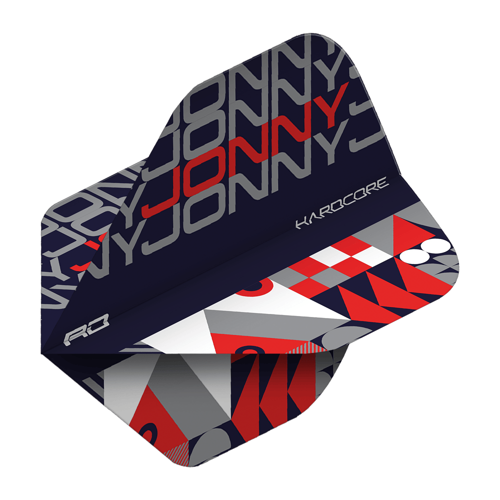 Das Bild zeigt ein Dart-Flight mit dem Aufdruck "JONNY" in Grau und Rot. Das Design ist modern mit geometrischen Mustern in Schwarz, Grau, Rot und Weiß gehalten.