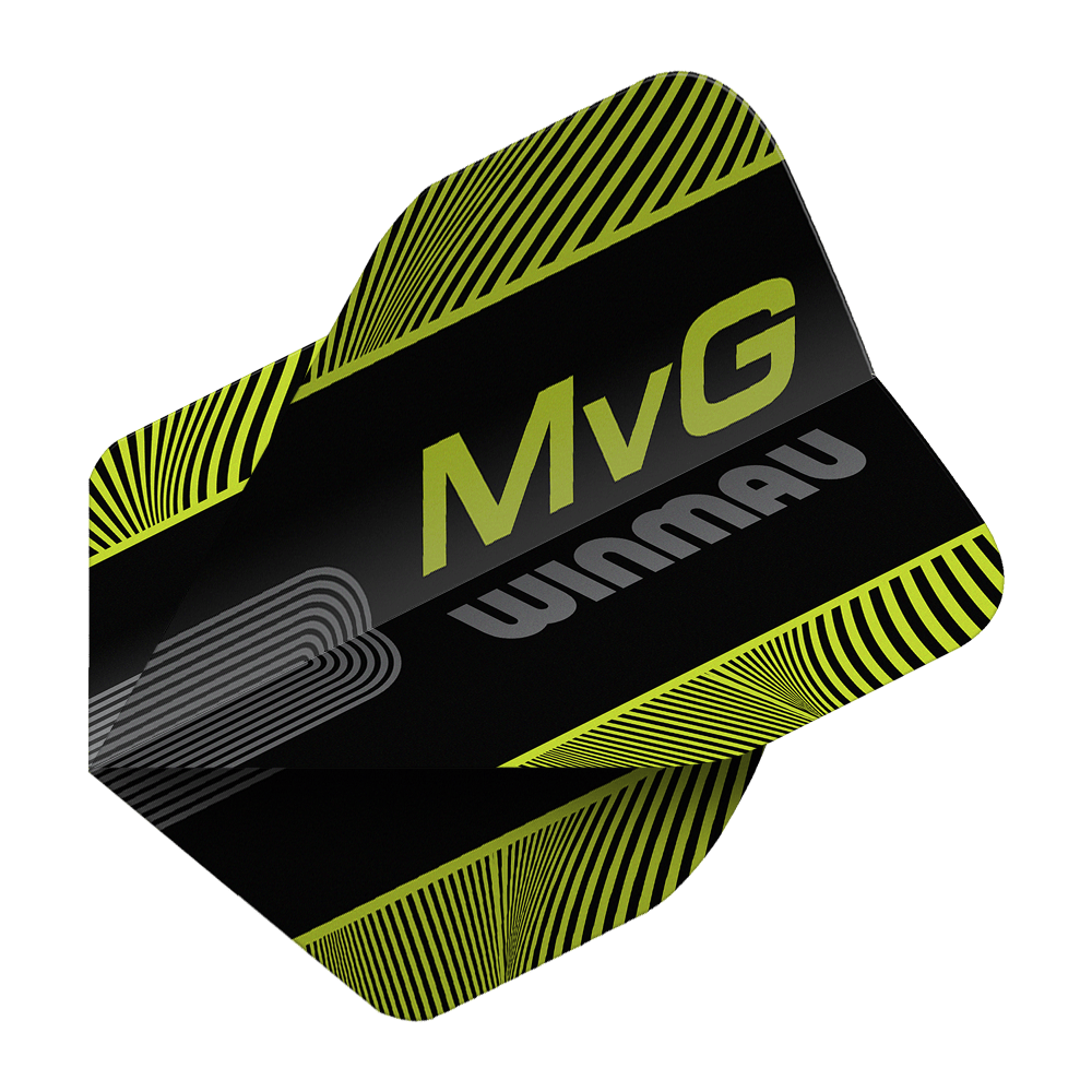 Abgebildet sind die Winmau Prism Delta MvG Black Green Text No2 Standard Flights. Diese Dart-Flights haben ein schwarzes und grünes Farbmuster mit Schriftzug.