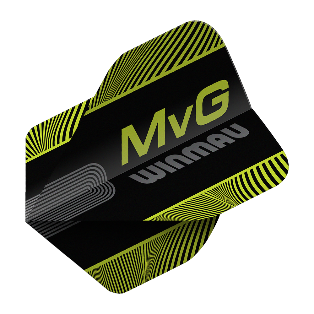 Winmau Prism Delta MvG Czarno-zielony tekst nr 2 Standardowe loty Abgebildet sind die Winmau Prism Delta MvG Black Green Text No2 Standard Flights. Diese Dart-Flights haben ein schwarzes und grünes Farbmuster mit Schriftzug.