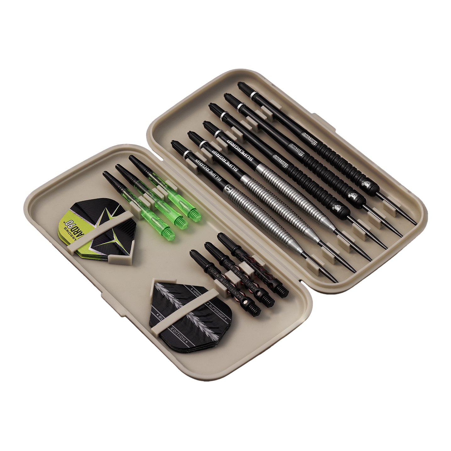 Etui na lotki Harrows Slimcase Die Abbildung zeigt ein geöffnetes Etui mit mehreren Darts, Ersatzflights und Shafts. Die Darts und Zubehörteile sind ordentlich in dem hellgrauen Slimcase sortiert.
