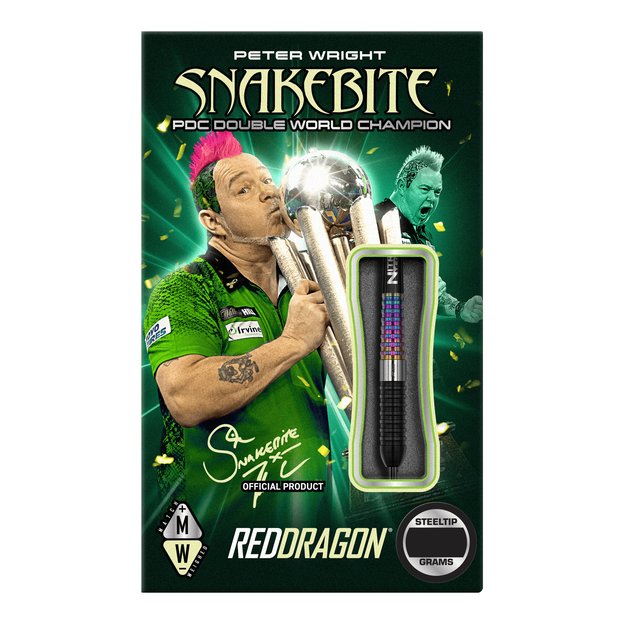 Das Bild zeigt die Verpackung der "Red Dragon Peter Wright Corra Steeldarts". Auf der Verpackung ist Peter Wright mit einer Trophäe sowie ein Dartpfeil abgebildet.