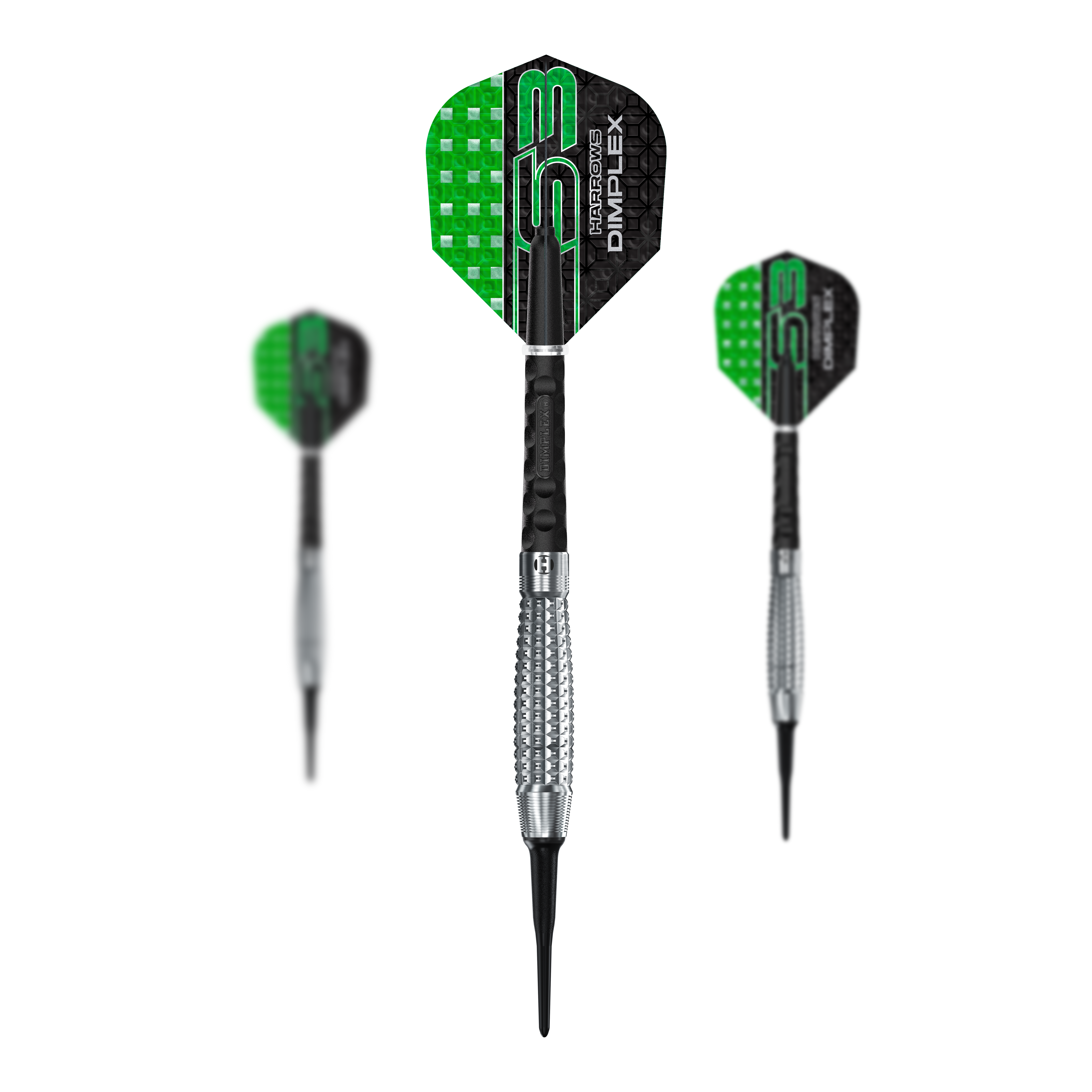 Miękkie lotki Harrows Dimplex S3 Bomb Das Bild zeigt drei Harrows Dimplex S3 Bomb Softdarts mit grün-schwarzen Flights. Die Dartpfeile haben silberne Griffbereiche und schwarze Spitzen.