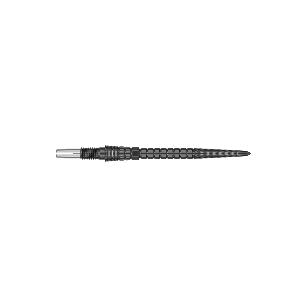 Ein schwarzes Dartspitzen-Set ist abgebildet. Die Spitzen sind in einer Reihe angeordnet.