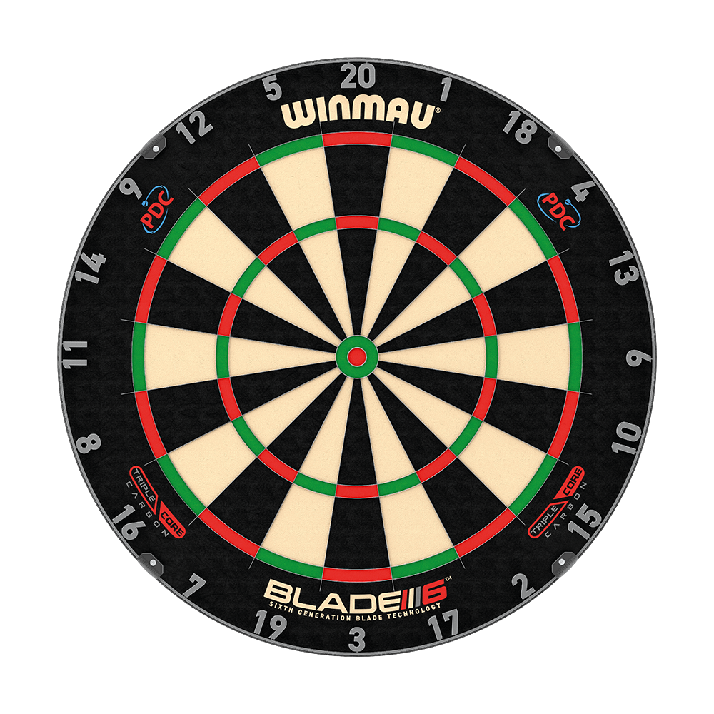 3032_Winmau_Blade_6_TripleCore_Steeldartboard_1_PDC Winmau Blade 6 Triplecore Steeldartboard ist im Bild sichtbar. Die Oberfläche weist viele Segmente auf.
