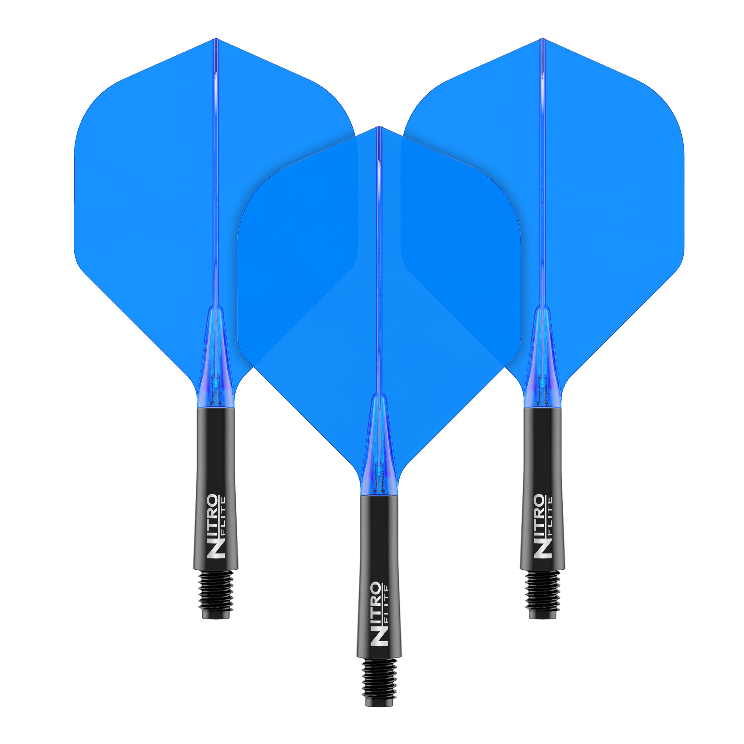 Red Dragon Nitroflite - Czarny trzonek niebieski nr 2 Loty Das Bild zeigt drei blaue Dart-Flights mit schwarzen Schäften. Auf den Schäften steht der Schriftzug "Nitro Flite".
