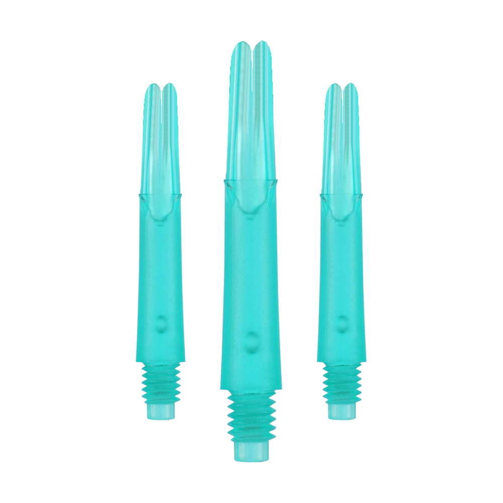 Wałki L-Style z blokadą prostą - Emerald Das Bild zeigt drei türkisfarbene Dartshafts aus Kunststoff in einer Reihe. Sie haben ein gerades Design und sind unten mit einem Gewinde versehen.