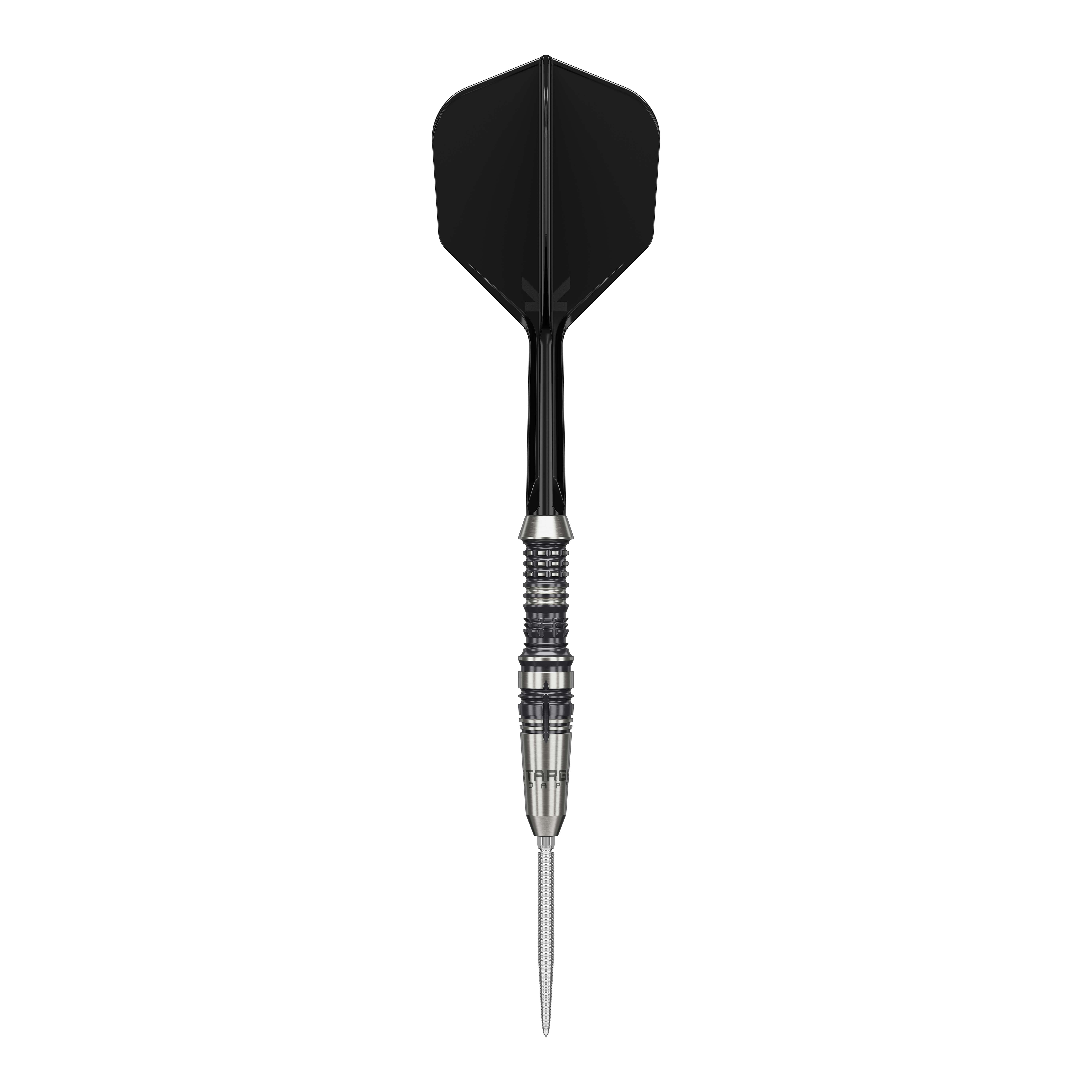 Dieses Bild zeigt einen Target Japan Black Marque Heracles Steeldart. Der Dart hat eine schwarze Flight und einen silbernen, gerillten Barrel.