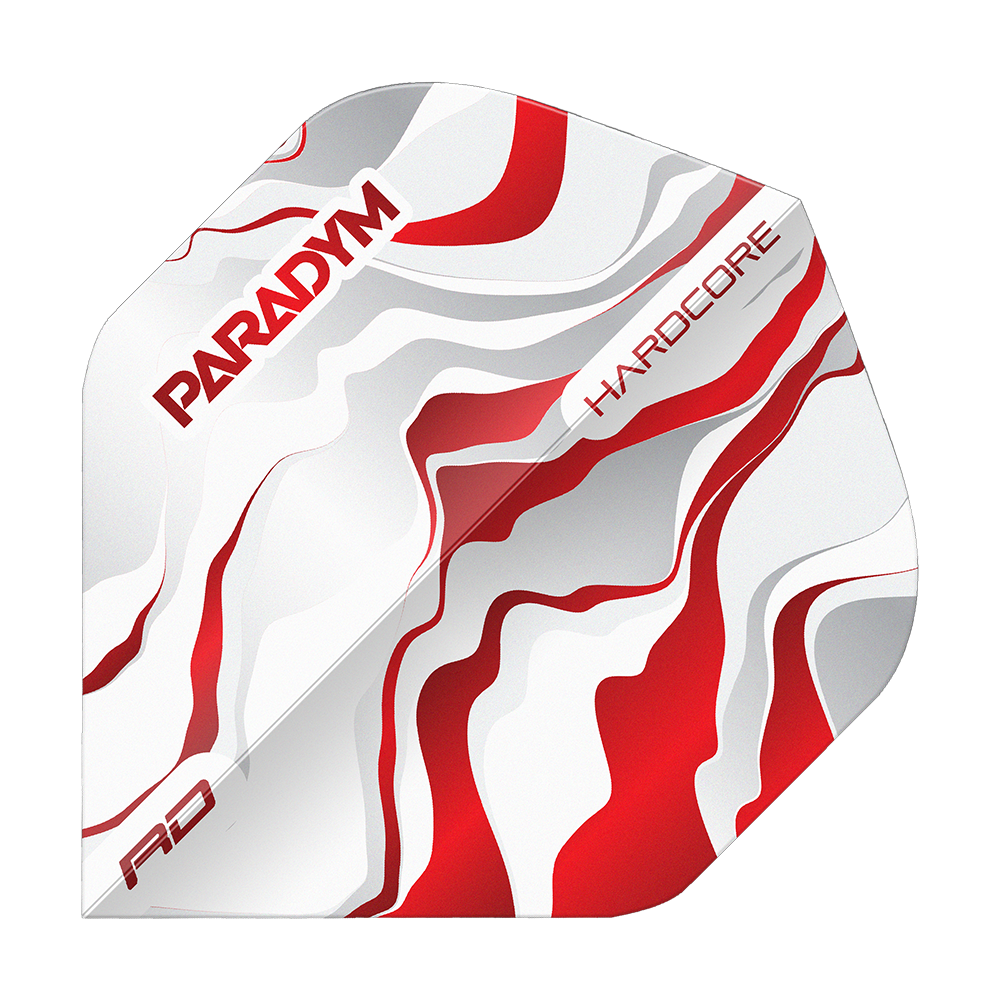 Abgebildet sind die Red Dragon Hardcore Premium Paradym Red Premium No2 Standard Flights. Diese Flights sind in Standardform und in einer roten Premium-Ausführung gestaltet.