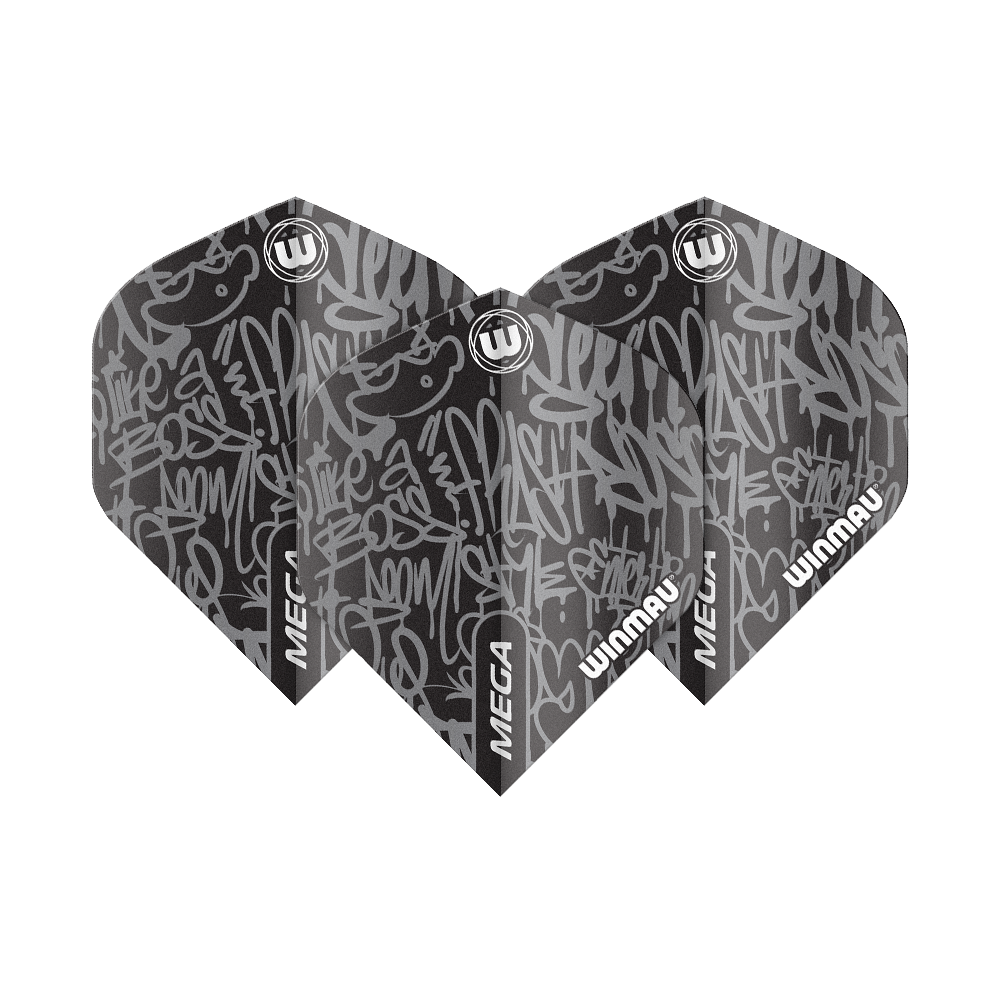 6900-244_Winmau_Mega_Black_Standard_Flights_1je56KLPgBar2G Das Bild zeigt die Winmau Mega Black Standard Flights mit einem modernen, schwarzen Graffiti-Design. Auf den Flights sind die Worte "MEGA" und "WINMAU" in Weiß zu sehen.