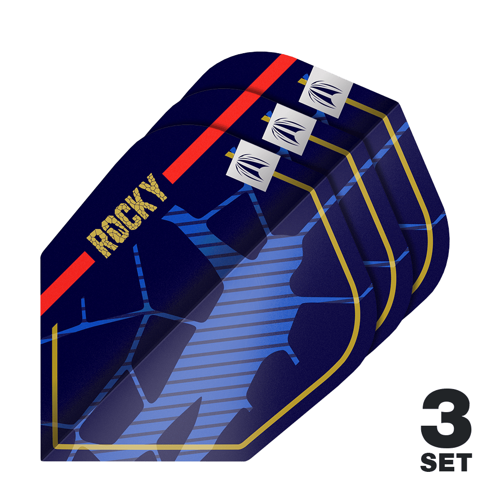 Target Pro Ultra Josh Rock GEN1 No6 Lotki - 3 zestawy Das Bild zeigt drei Sätze der Target Pro Ultra Josh Rock GEN1 No6 Flights. Die Flights sind dunkelblau mit goldenen, roten und blauen Designelementen sowie dem Schriftzug "ROCKY".