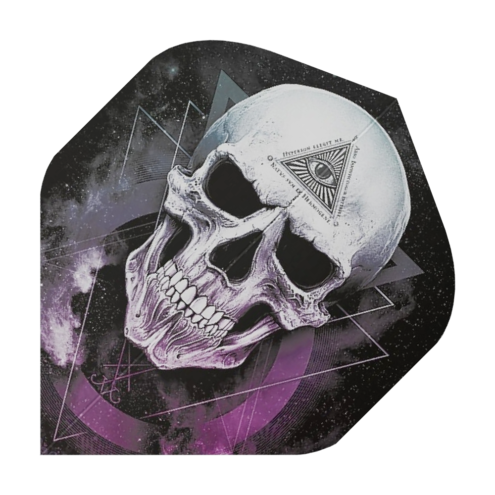 ALC22_Alchemy_The_Void_Standard_Flights_1 Das Bild zeigt ein Dart-Flight mit einem großen Totenkopf und mystischen Symbolen. Im Hintergrund sind violette und schwarze geometrische Muster zu sehen.