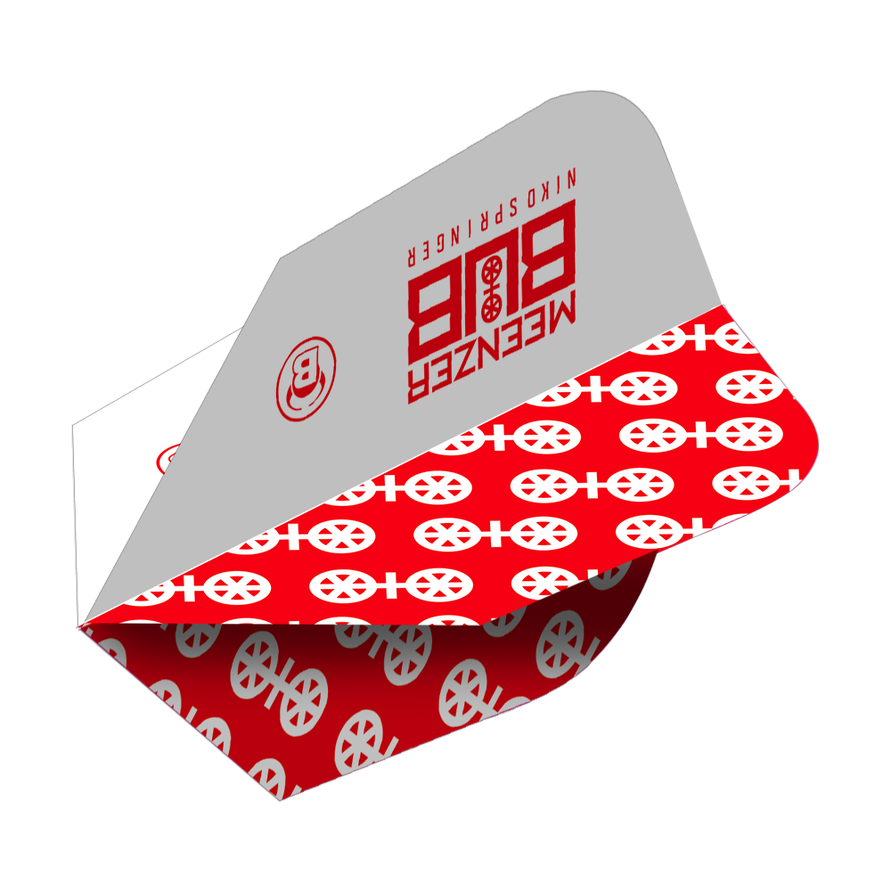 Bulls X-Powerflite Niko Springer XXL B-Standard Flights Das Bild zeigt ein Bulls X-Powerflite Niko Springer XXL B-Standard Flight für Dartpfeile. Das Flight ist in Grau und Rot gestaltet und mit auffälligen Mustern sowie dem Namen des Spielers bedruckt.