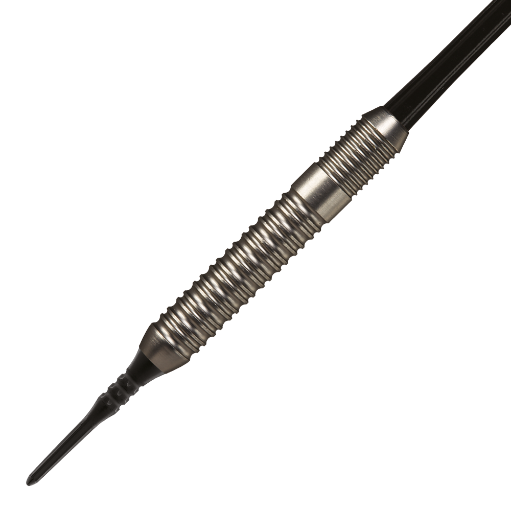 100540_Target_Adrian_Lewis_Silver_Jackpot_Softdarts_2 Das Bild zeigt den Target Adrian Lewis Silver Jackpot Softdart mit einem Gewicht von 18 Gramm. Der Dartpfeil hat eine silberne, gerillte Oberfläche und eine schwarze Kunststoffspitze.