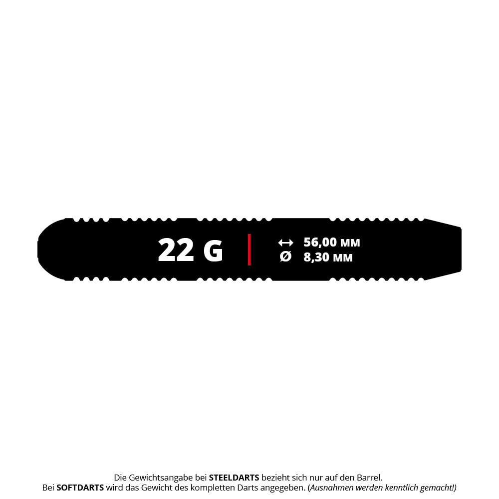 Lotki Target Josh Rock Brass Steel Darts - 22g Das Bild zeigt die Maße des Produkts "Target Josh Rock Brass Steeldarts - 22g". Der Dart wiegt 22 Gramm, ist 56,00 mm lang und hat einen Durchmesser von 8,30 mm.