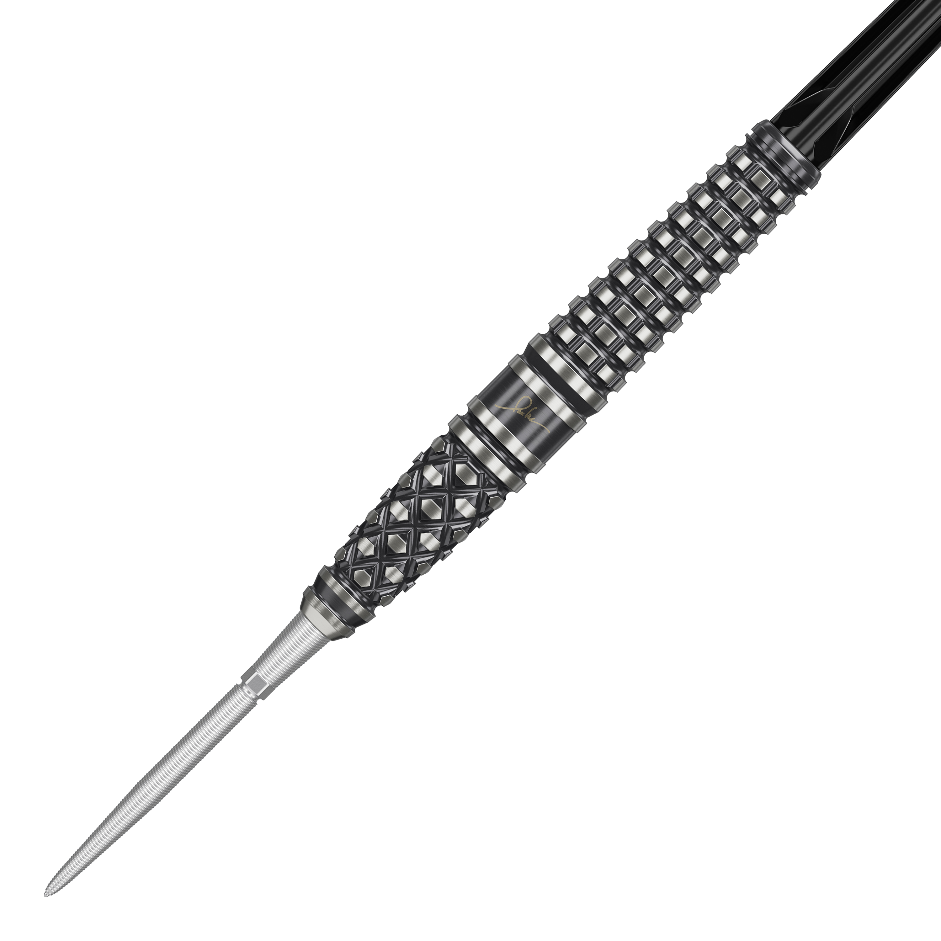 Target Japan Paul Lim The Legend GEN8 Swiss Point Steeldarts - 24g Das Bild zeigt einen Target Japan Paul Lim The Legend GEN8 Swiss Point Steeldart mit 24g Gewicht. Der Dart hat ein detailreiches, strukturiertes Griffdesign in Schwarz und Silber.