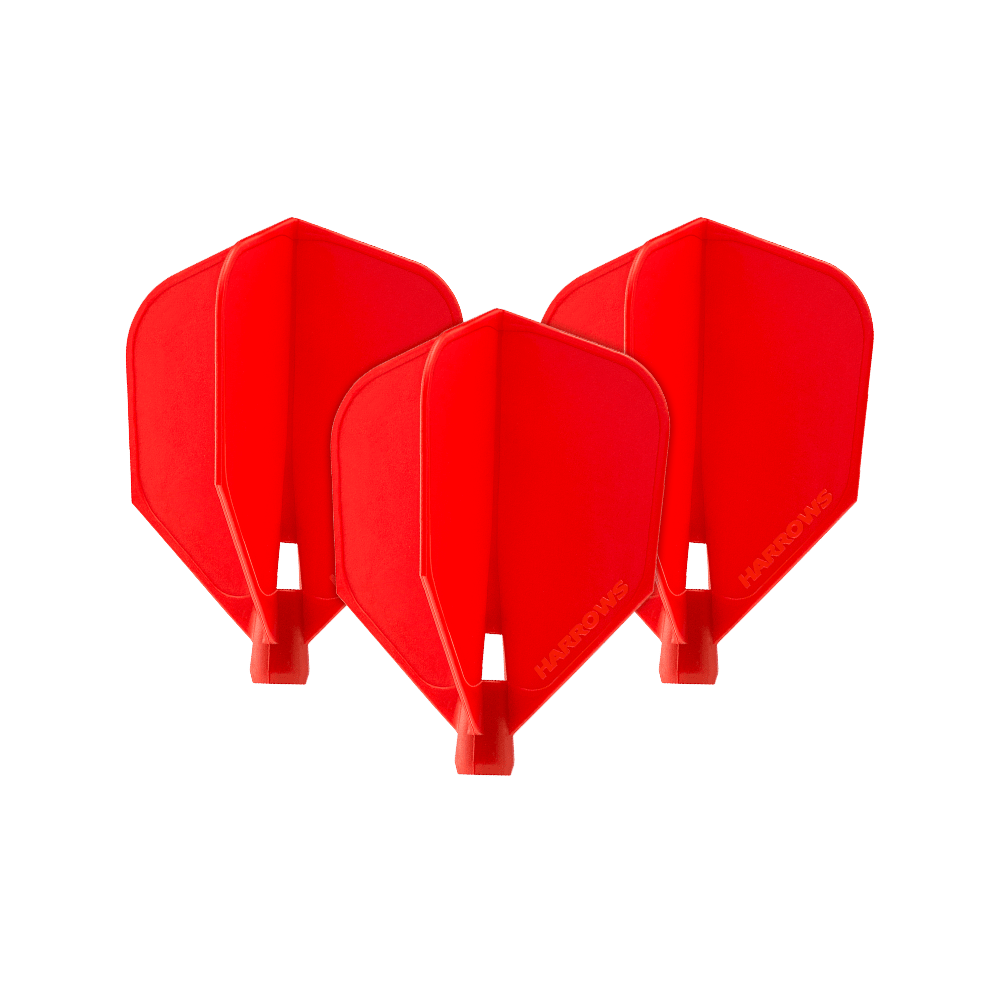 HRC-130_Harrows_Clic_Standard_Flight_Red_1145sI8jB024Qx Das Bild zeigt drei rote Harrows Clic Standard Flights für Dartpfeile. Sie sind nebeneinander angeordnet und haben die typische Standardform.