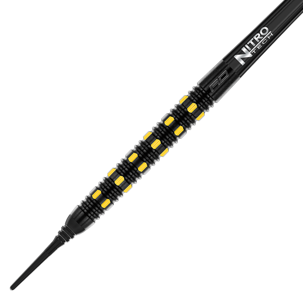 Das Bild zeigt einen Red Dragon Nirvana Softdart mit einem Gewicht von 20g. Der Dart ist schwarz mit gelben Akzenten und hat eine griffige Struktur.