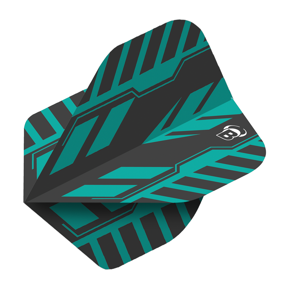 Bulls B-Star Veco No2 Standard Flights Das Bild zeigt das Produkt "Bulls B-Star Veco No2 Standard Flights". Es hat ein modernes, grafisches Design in Schwarz und Türkis mit einem weißen "B"-Logo.