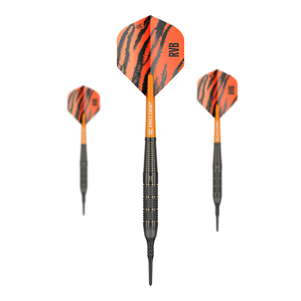 Target Raymond Van Barneveld Brass Softdarts - 18g Das Bild zeigt drei Softdarts mit orange-schwarzen Flights im Tigerstreifen-Design. Auf den Flights steht "RVB" und die Darts tragen den Namen Target Raymond Van Barneveld Brass Softdarts - 18g.