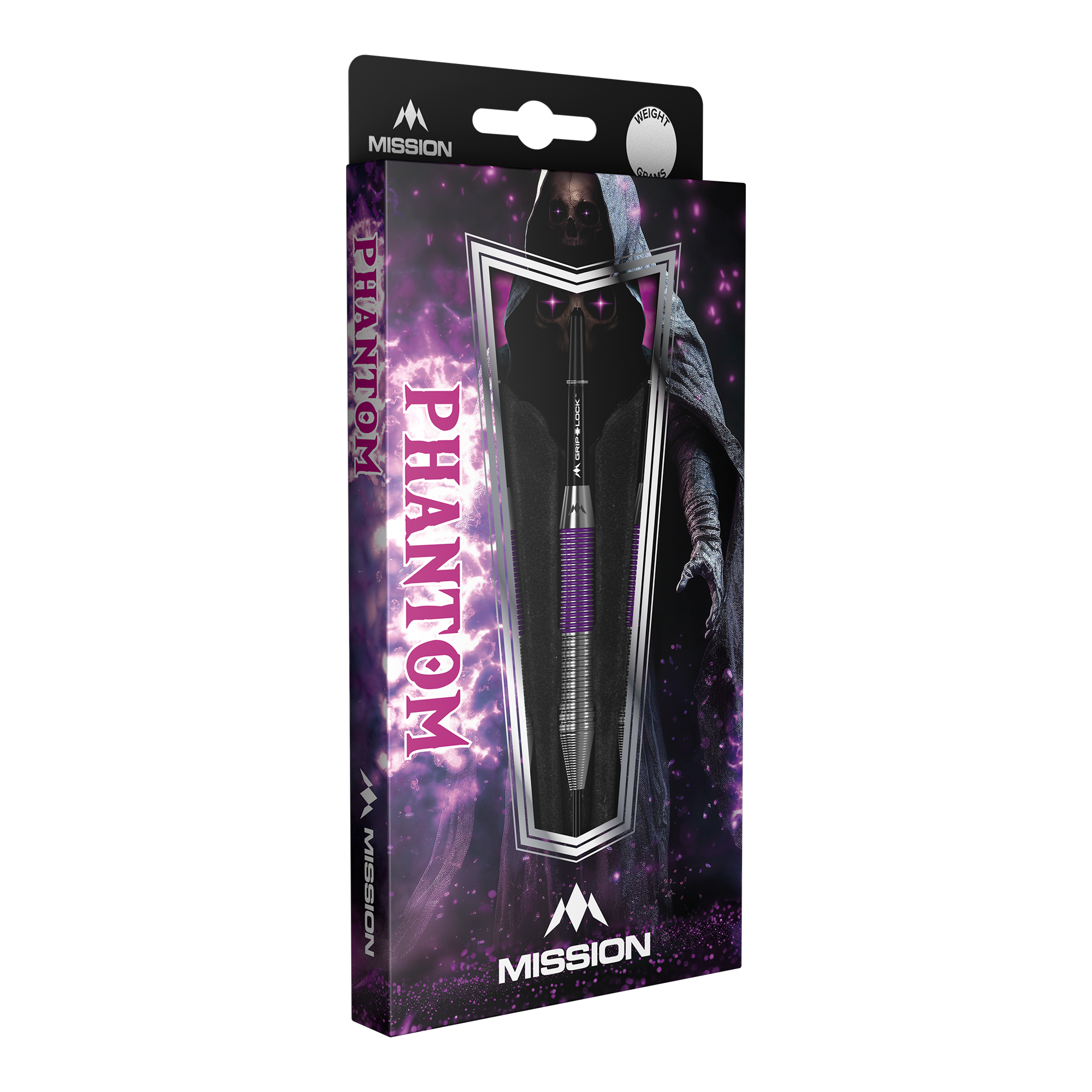 Lotki Mission Phantom Brass Steel – 22 g Die Abbildung zeigt die Verpackung der "Mission Phantom Brass Steeldarts - 22g". Die Verpackung ist überwiegend lila und schwarz gestaltet und zeigt einen Dartpfeil sowie eine geheimnisvolle, schattenhafte Figur im Hintergrund.