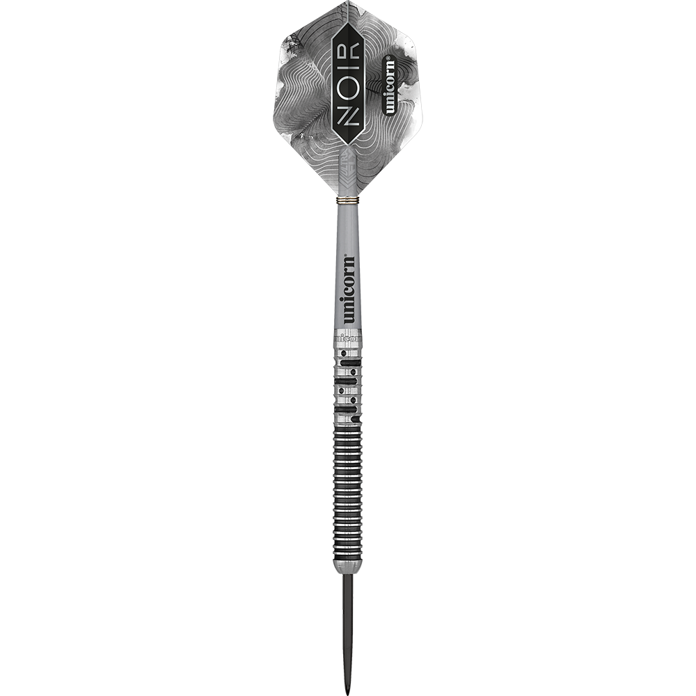 Das Bild zeigt einen Steeldart aus der Serie „Unicorn Noir Gary Anderson Phase 5“. Der Dartpfeil ist silber-schwarz und hat ein modernes, glänzendes Design mit dem Schriftzug „unicorn“ und „NOIR“ auf dem Flight.