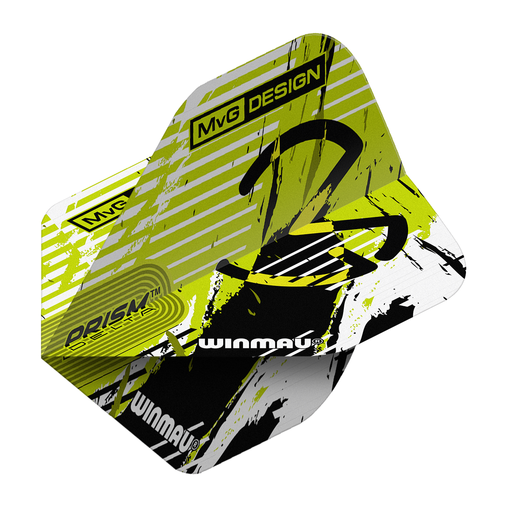 Winmau Delta Michael Van Gerwen Prism 03 Loty standardowe Das Bild zeigt die Winmau Delta Michael Van Gerwen Prism 03 Standard Flights. Das Design ist in Gelb, Schwarz und Weiß gehalten und trägt den Schriftzug "MvG DESIGN" sowie das Winmau-Logo.
