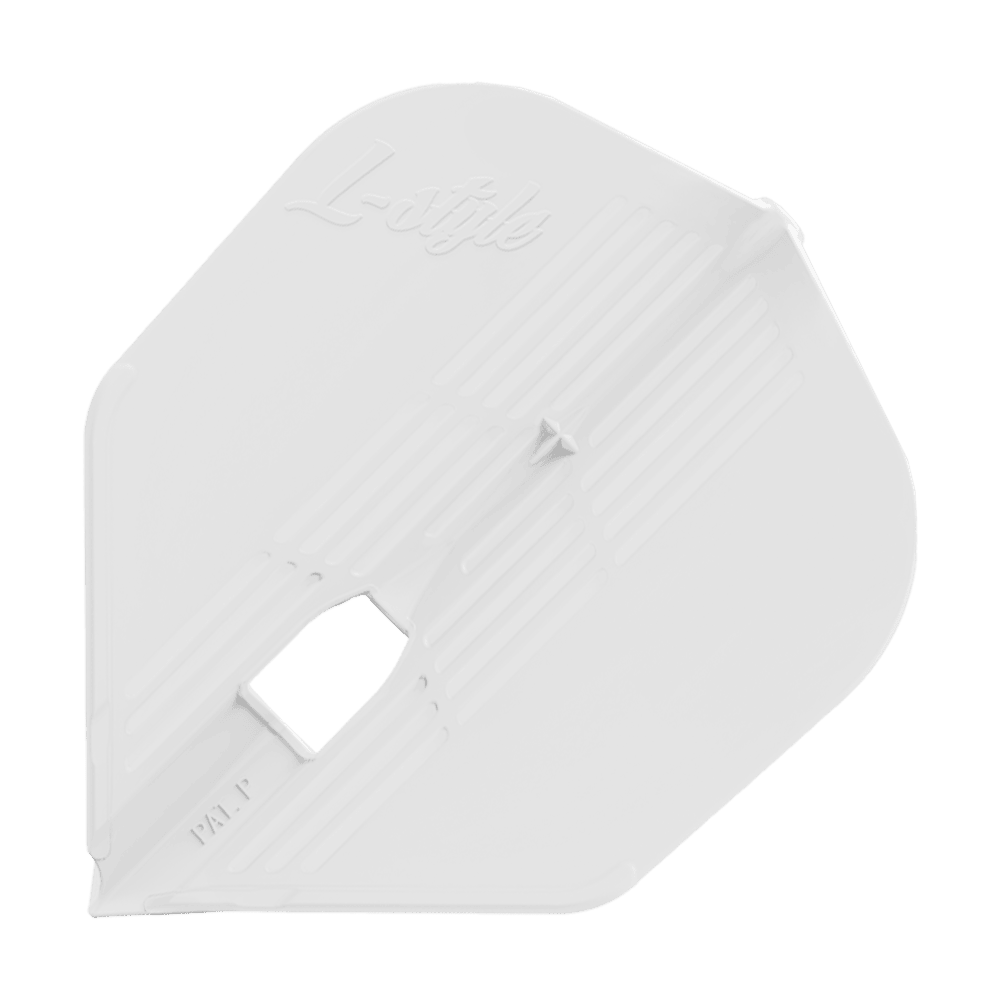 L-Style KAMI L3KPRO Flights Dies ist ein weißes Dartflight mit der Aufschrift "L-style" auf der Oberfläche. Es hat ein strukturiertes Design mit einer rechteckigen Öffnung in der Mitte.
