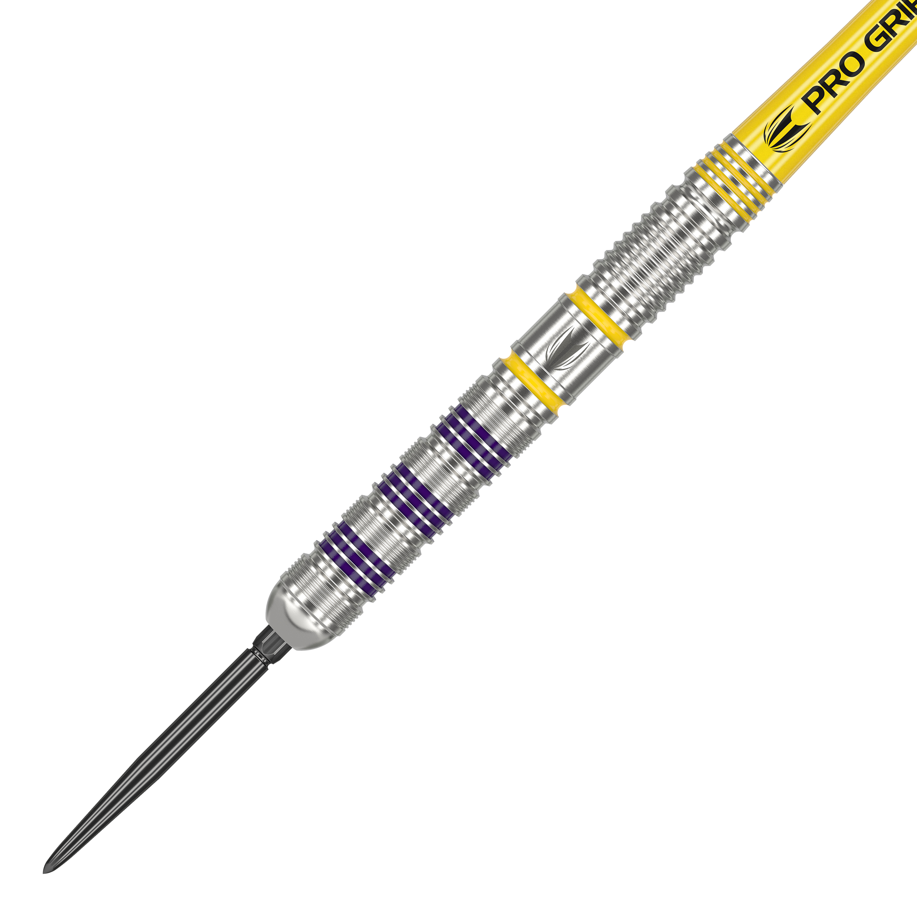 Stalowe rzutki Swiss Point firmy Target Luke Littler Loadout Das Bild zeigt einen Target Luke Littler Loadout Swiss Point Steeldart. Der Dart hat ein silbernes Barrel mit lila und gelben Akzenten sowie einen gelben Shaft mit "Pro Grip"-Aufdruck.