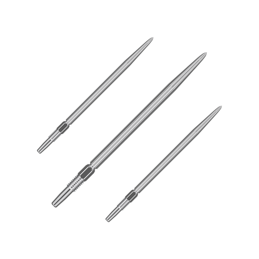 Końcówki do rzutek Target Swiss Point Nano Dart - srebrne Das Bild zeigt drei silberne Dartspitzen, die nebeneinander angeordnet sind. Sie sind lang, schmal und haben gerillte Bereiche am hinteren Ende.
