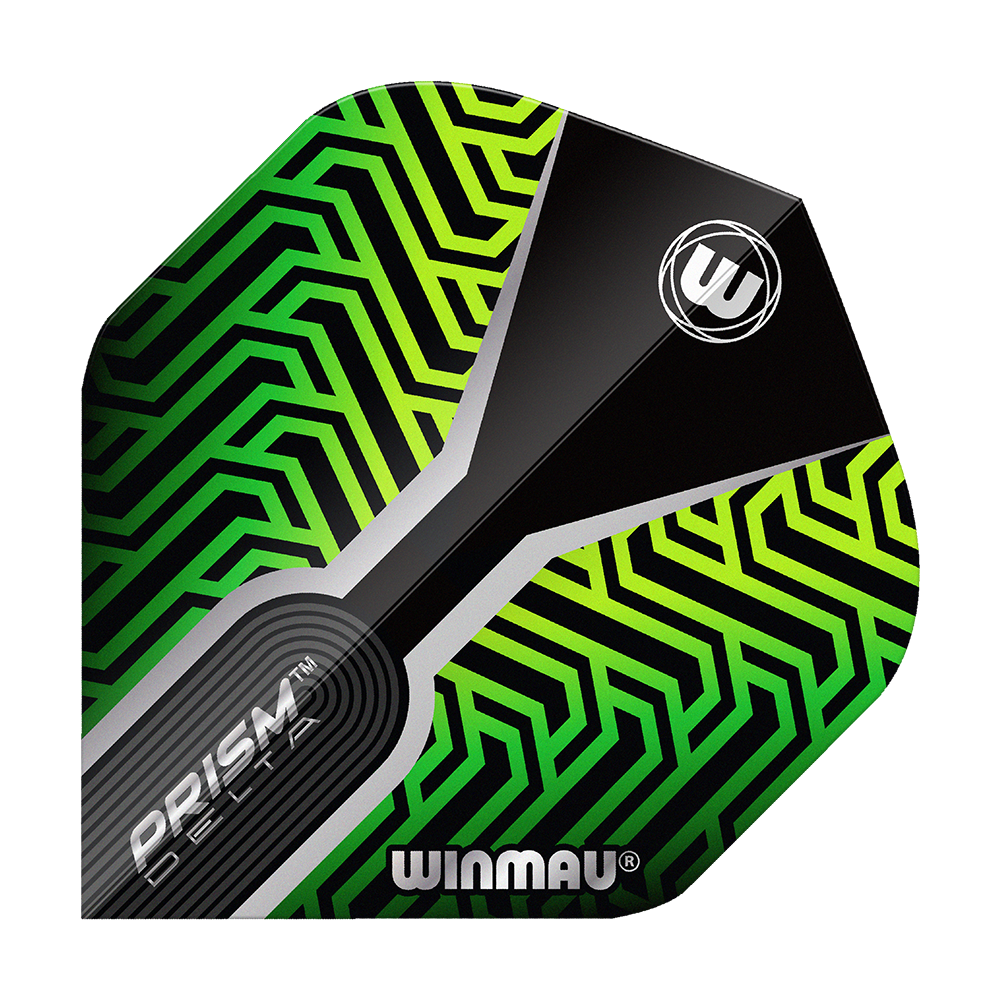 Winmau Prism Delta Kairos No2 Standard Flights Green Das Bild zeigt ein Dartflight mit dem Namen "Winmau Prism Delta Kairos No2 Standard Flights Grün". Das Flight hat ein auffälliges grünes und schwarzes geometrisches Muster mit dem Winmau-Logo.