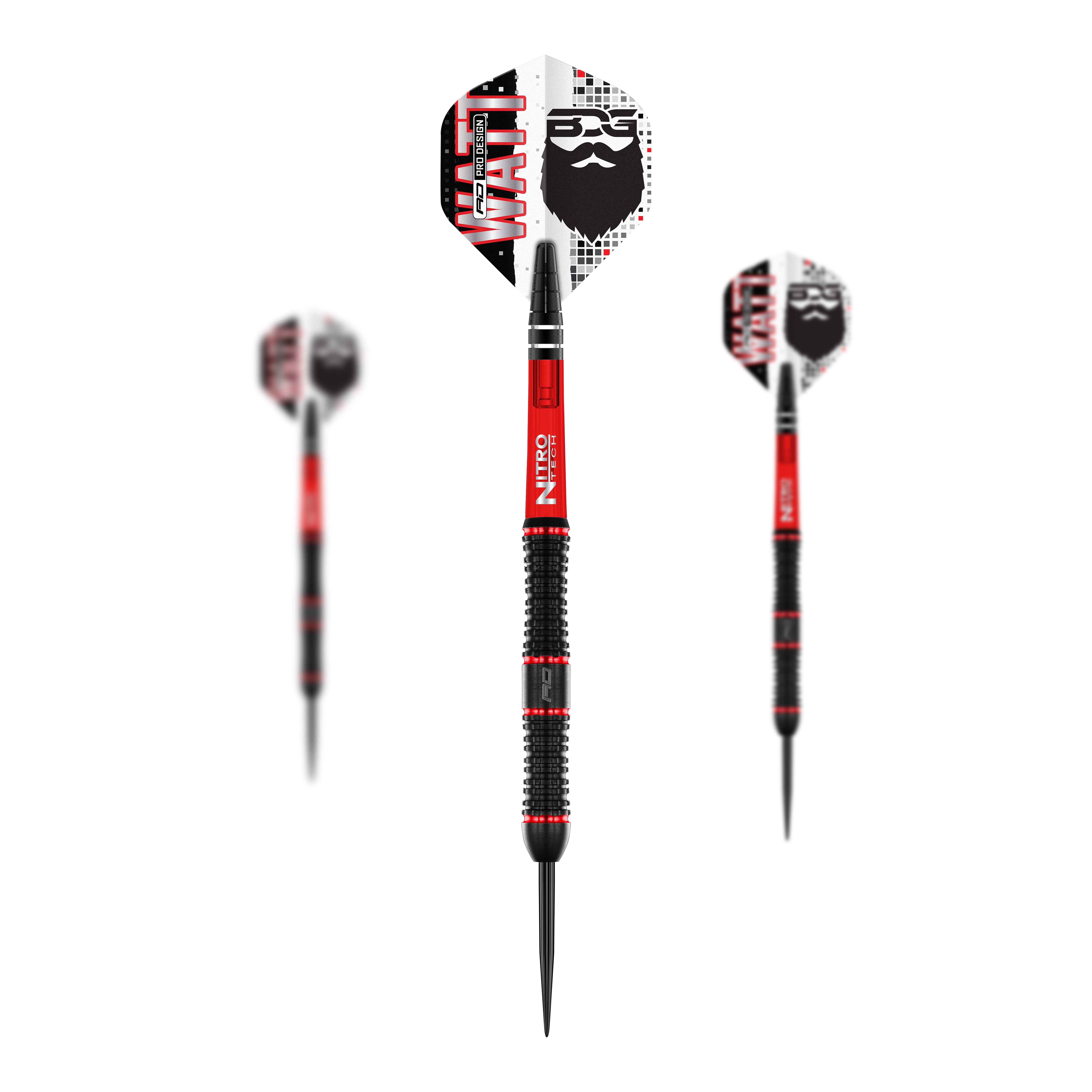Rzutki stalowe Red Dragon Jason Watt - 22g Das Bild zeigt drei Steeldarts des Modells "Red Dragon Jason Watt" mit einem Gewicht von 22g. Die Darts sind schwarz-rot und haben Flights mit einem Bartmotiv und der Aufschrift "WATT".