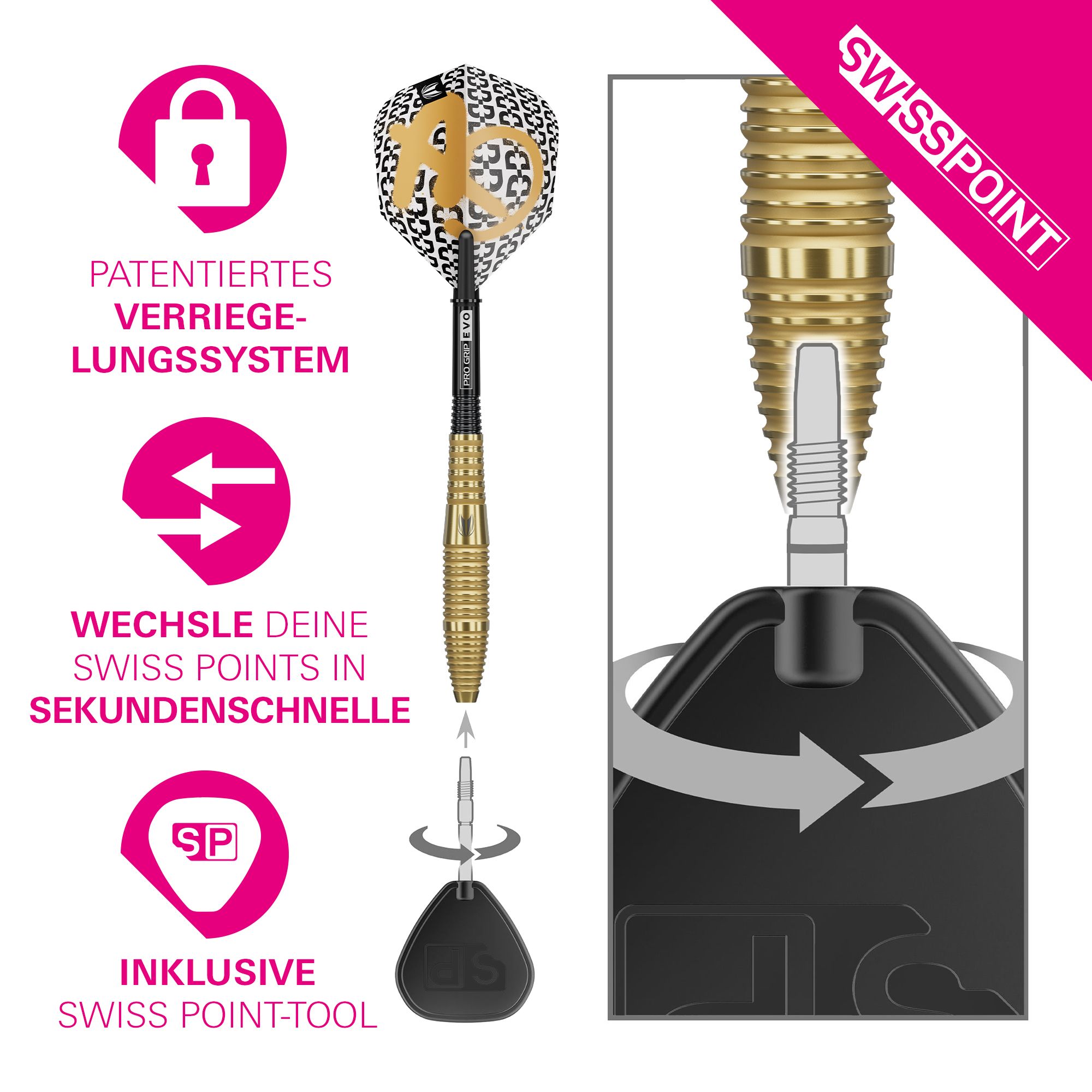 Stalowe lotki Target Bolide Envy 05 Swiss Point Abgebildet sind Target Bolide Envy 05 Swiss Point Steeldarts. Die Darts sind ordentlich angeordnet und zeigen feine Details im Schaft.