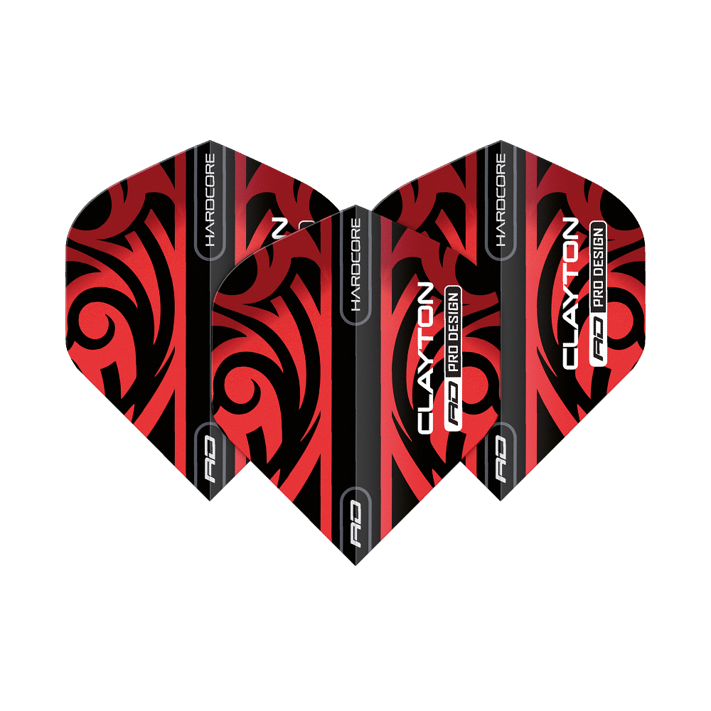 Das Bild zeigt die "Red Dragon Hardcore Jonny Clayton Red Black Standard Flights". Die Flights haben ein auffälliges rotes und schwarzes Tribal-Design mit Schriftzügen wie "CLAYTON" und "HARDCORE".