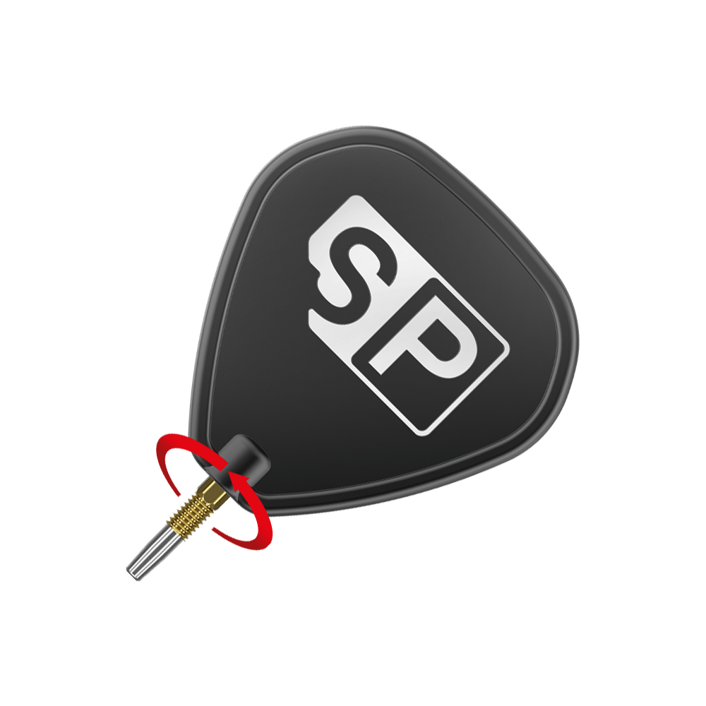 Końcówki do lotek Target Swiss Firepoint Gold Das Bild zeigt eine schwarze Dart-Flightscheibe mit dem weißen Aufdruck "SP". Darunter ist eine goldene Dartspitze mit einem roten Pfeil, der eine Drehbewegung anzeigt.