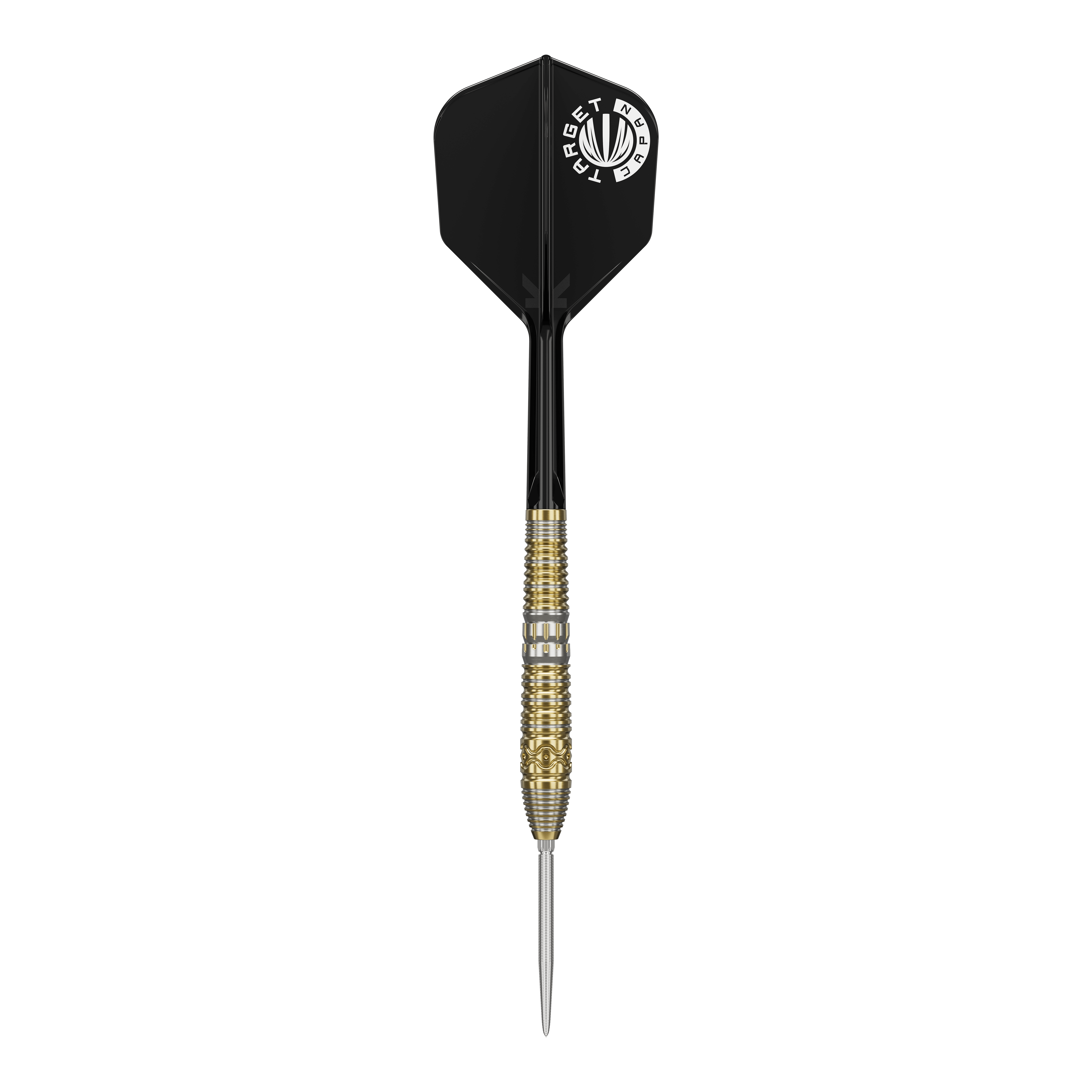 Stalowe lotki Target Japan Hot Shot GEN2 - 23 g Das Bild zeigt einen Target Japan Hot Shot GEN2 Steeldart mit einem Gewicht von 23g. Der Dart hat eine goldene, strukturierte Spitze und schwarze Flights.