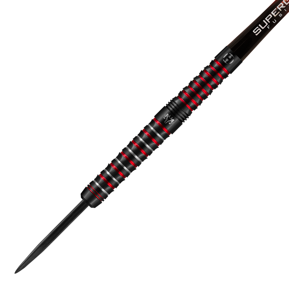 HA16990-Harrows-Wolfram-Infinity-97-Tungsten-Steeldarts-2 Das Bild zeigt einen Harrows Wolfram Infinity 97% Tungsten Steeldart. Der Dart ist überwiegend schwarz mit roten Akzenten und einem griffigen, gerillten Barrel.