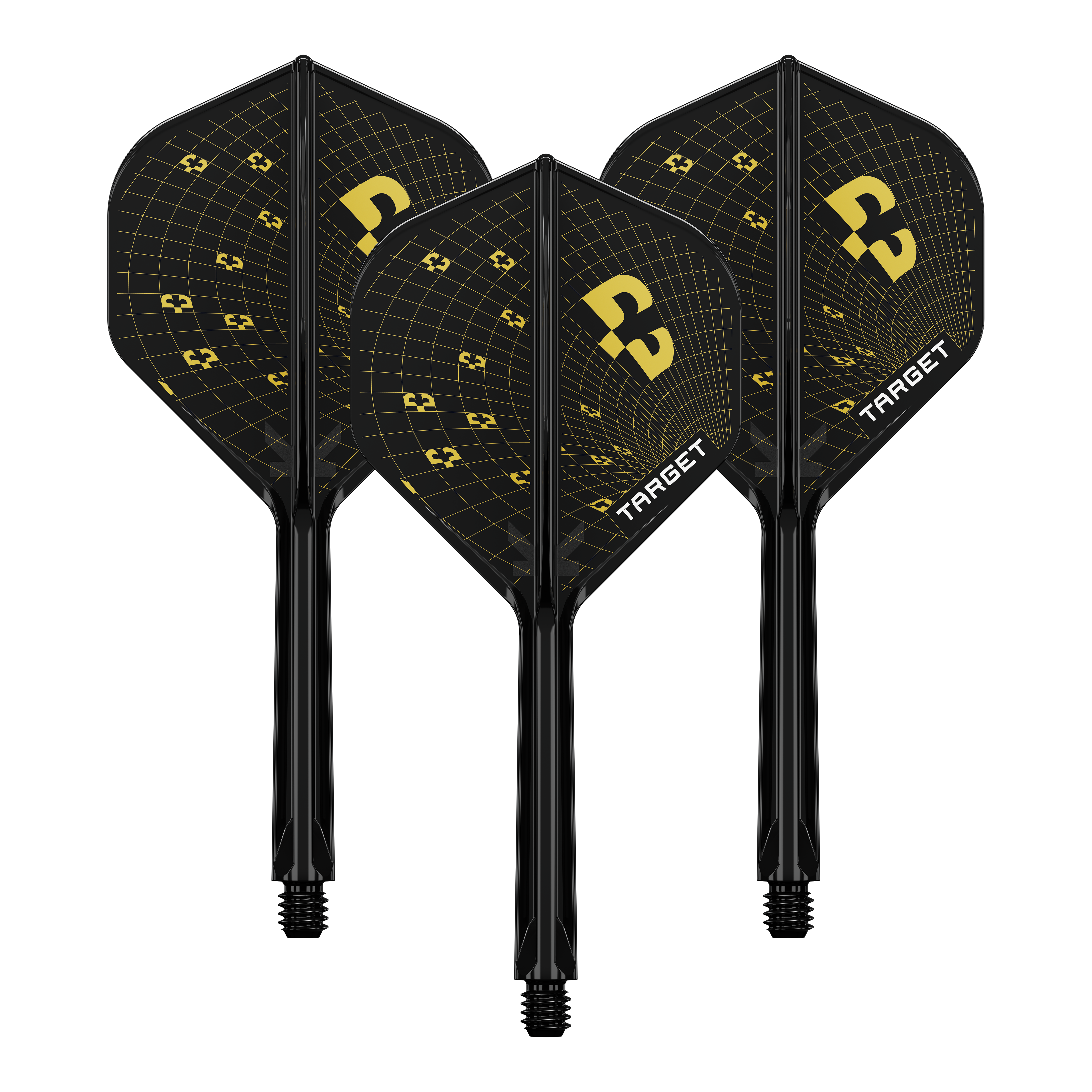 Gezeigt wird ein Set der Target K-Flex Bolide No2 Standard Flights mit einer Länge von 33mm. Die Flights sind sauber aufgereiht.