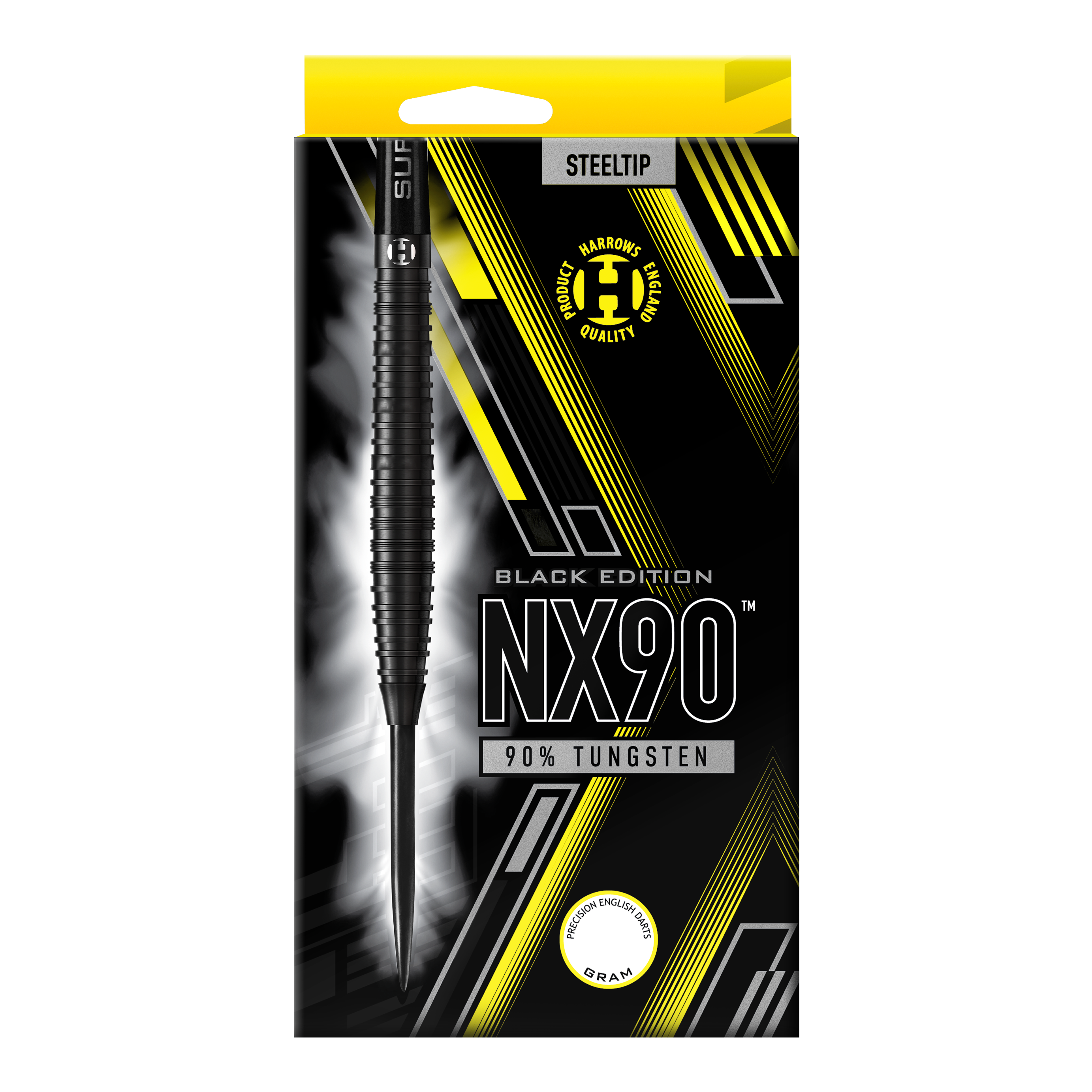 Stalowe lotki Harrows NX90 Black Edition Die Abbildung zeigt die Verpackung der "Harrows NX90 Black-Edition Steeldarts". Auf der Packung steht, dass die Darts aus 90% Tungsten bestehen.