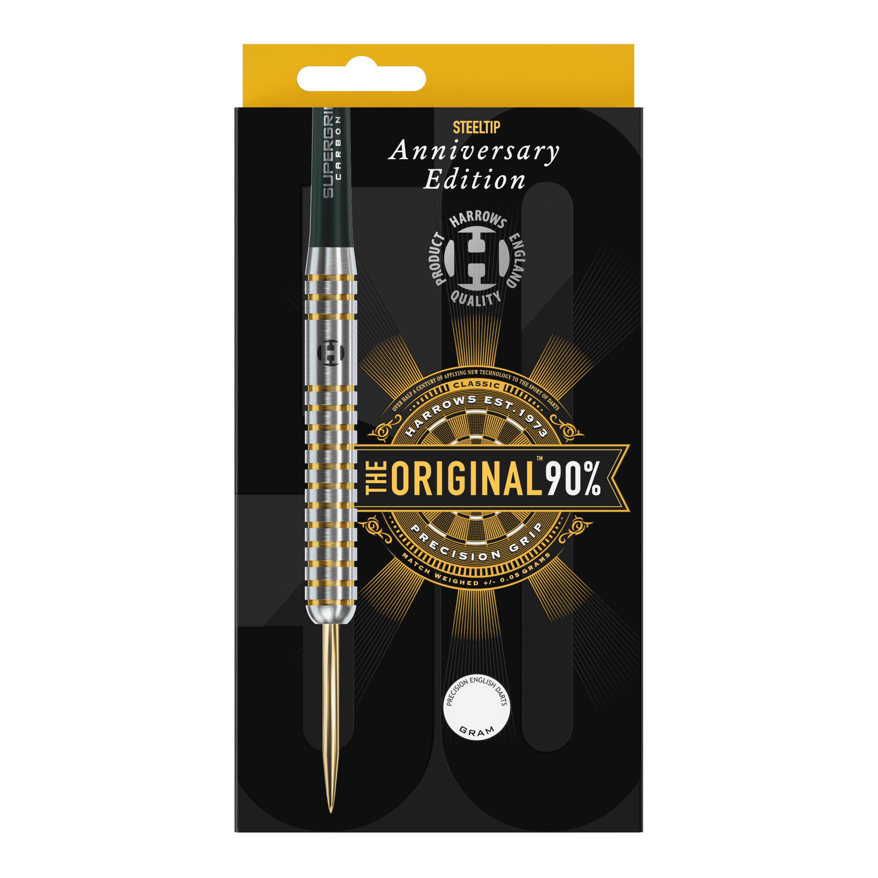 Edycja rocznicowa Harrows Oryginalne Steeldarts Auf dem Bild ist eine Packung mit einem Steeldart der Marke Harrows zu sehen. Die Verpackung zeigt die Aufschrift „Anniversary Edition“ und „The Original 90%“.