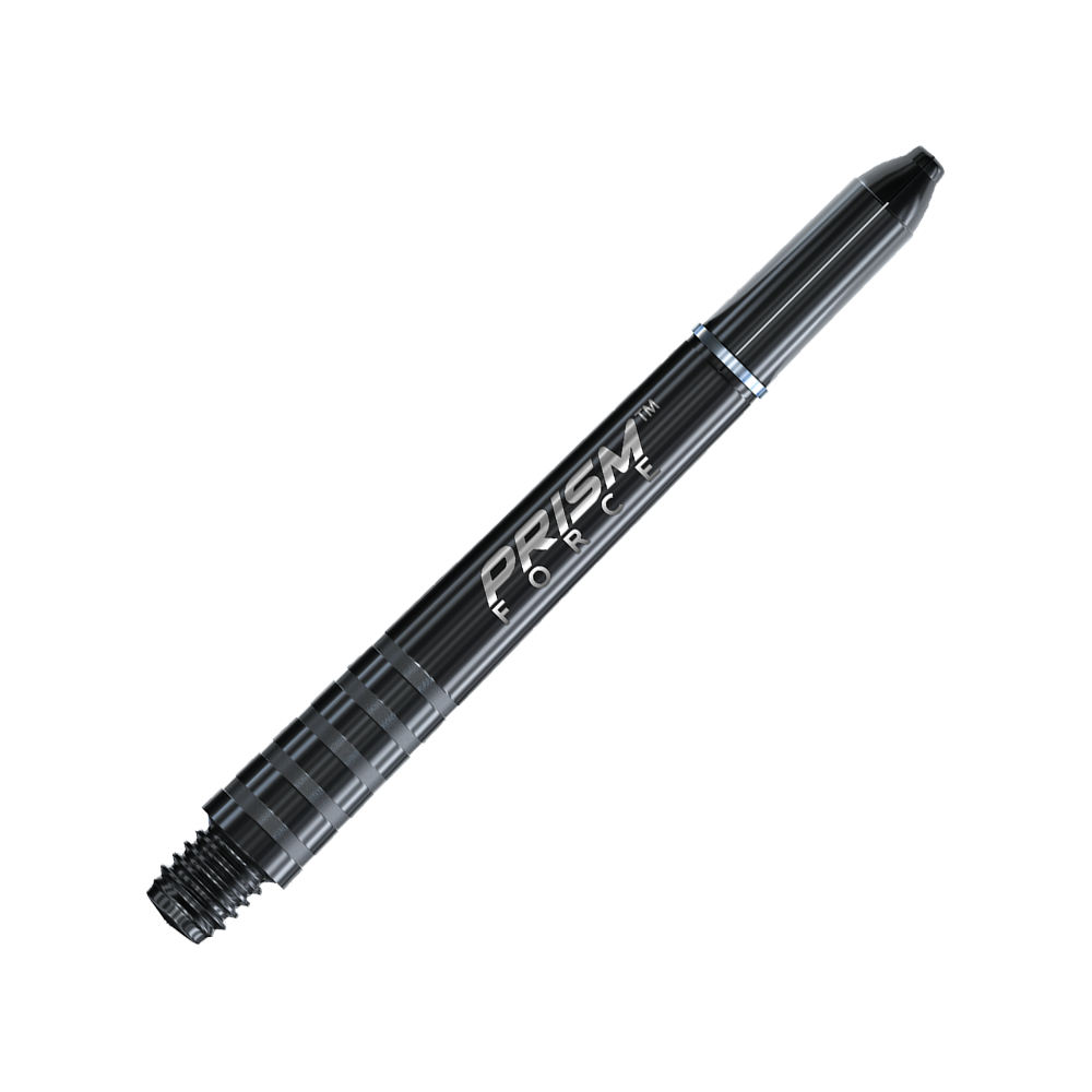7020-401_Winmau_Prism_Force_Shafts_Schwarz_41mm_2 Dies ist ein schwarzer Winmau Prism Force Shaft für Darts. Auf dem Schaft steht der Schriftzug "PRISM FORCE" in weißer Farbe.