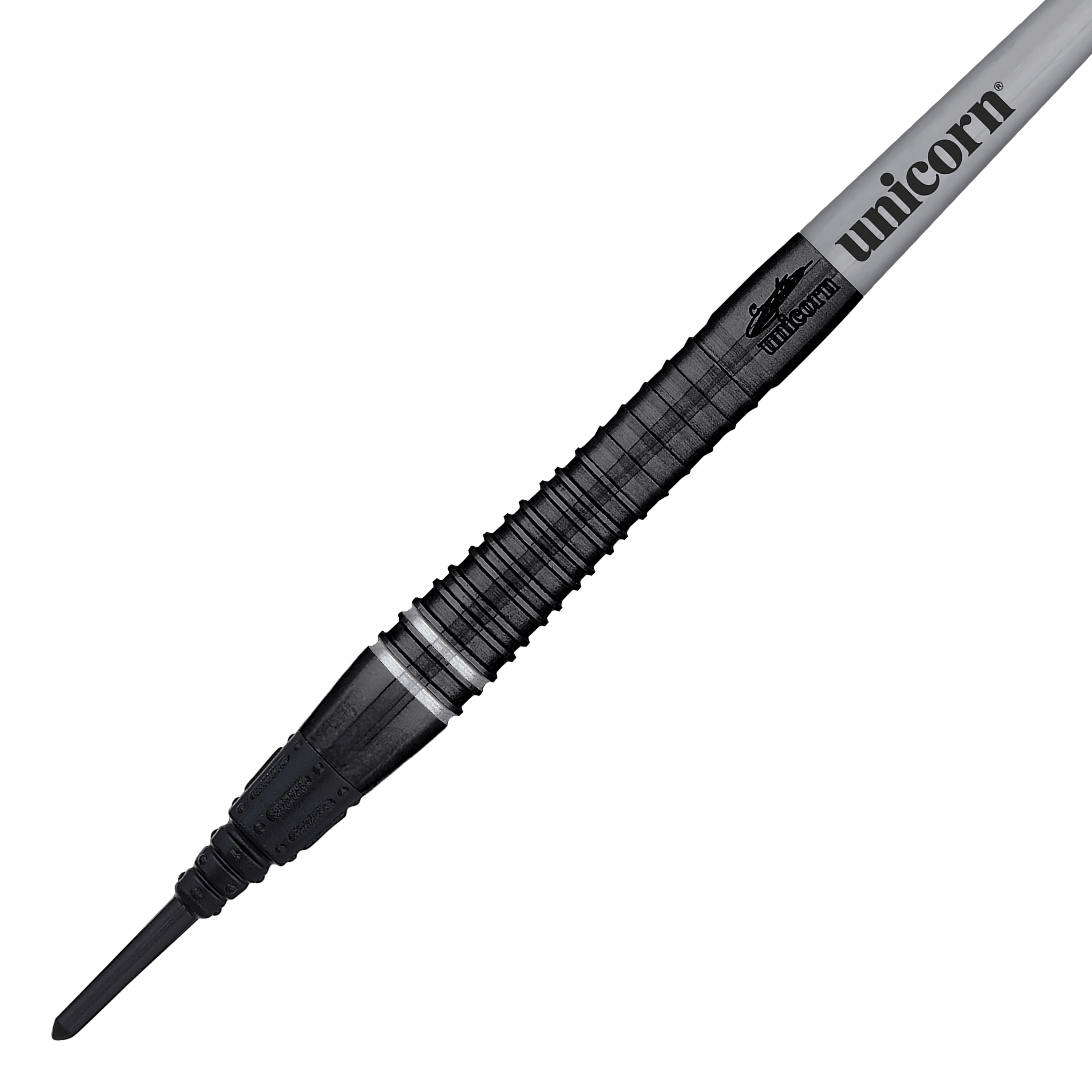 Mistrz Świata Jednorożców Gary Anderson Noir Phase 6 Soft Darts Das Bild zeigt einen Unicorn World Champion Gary Anderson Noir Phase 6 Softdart. Der Dart hat ein elegantes, schwarzes Design mit dem Aufdruck "unicorn" auf dem Schaft.