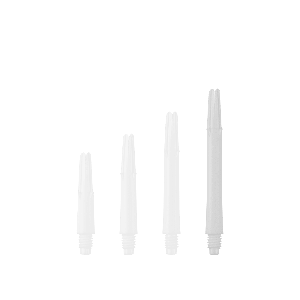 Wałki L-L-Style-Shafts blokowane proste - białe Das Bild zeigt vier weiße, gerade Dartshafts in unterschiedlichen Längen. Sie sind ohne Kappen und stehen nebeneinander aufgereiht.