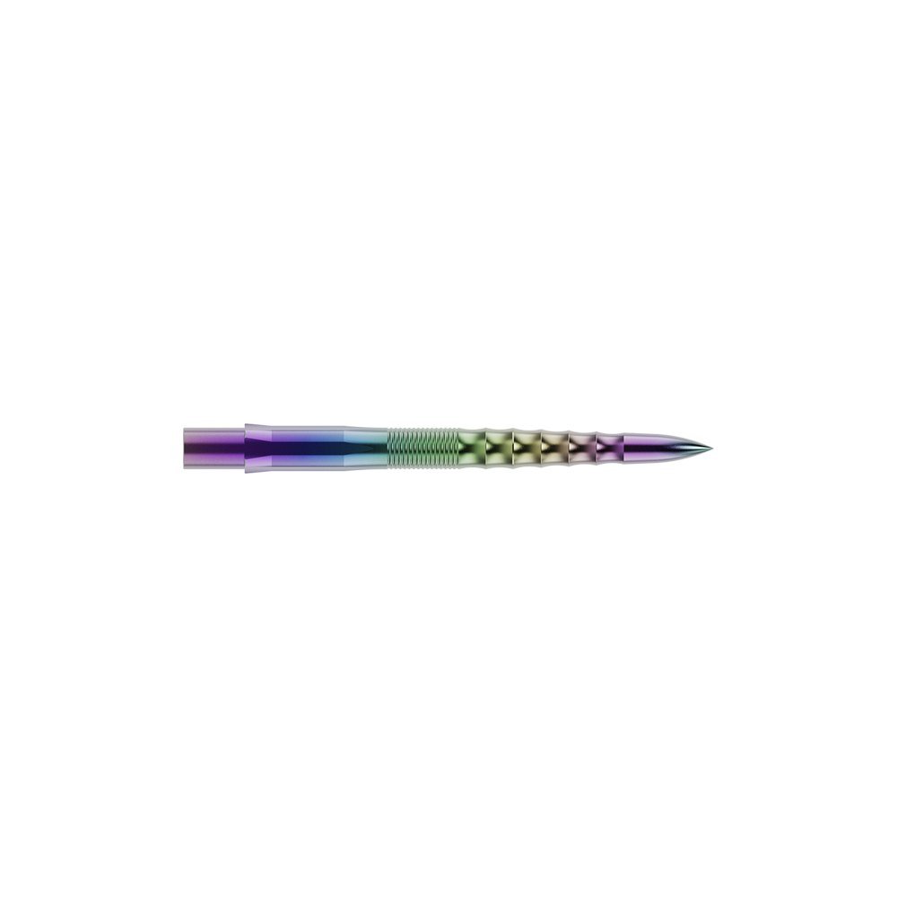 Auf dem Bild ist eine bunte Steeldartspitze mit wellenförmigem Design zu sehen. Sie hat eine glänzende Oberfläche mit Farbverlauf und ist wahrscheinlich aus Metall gefertigt.