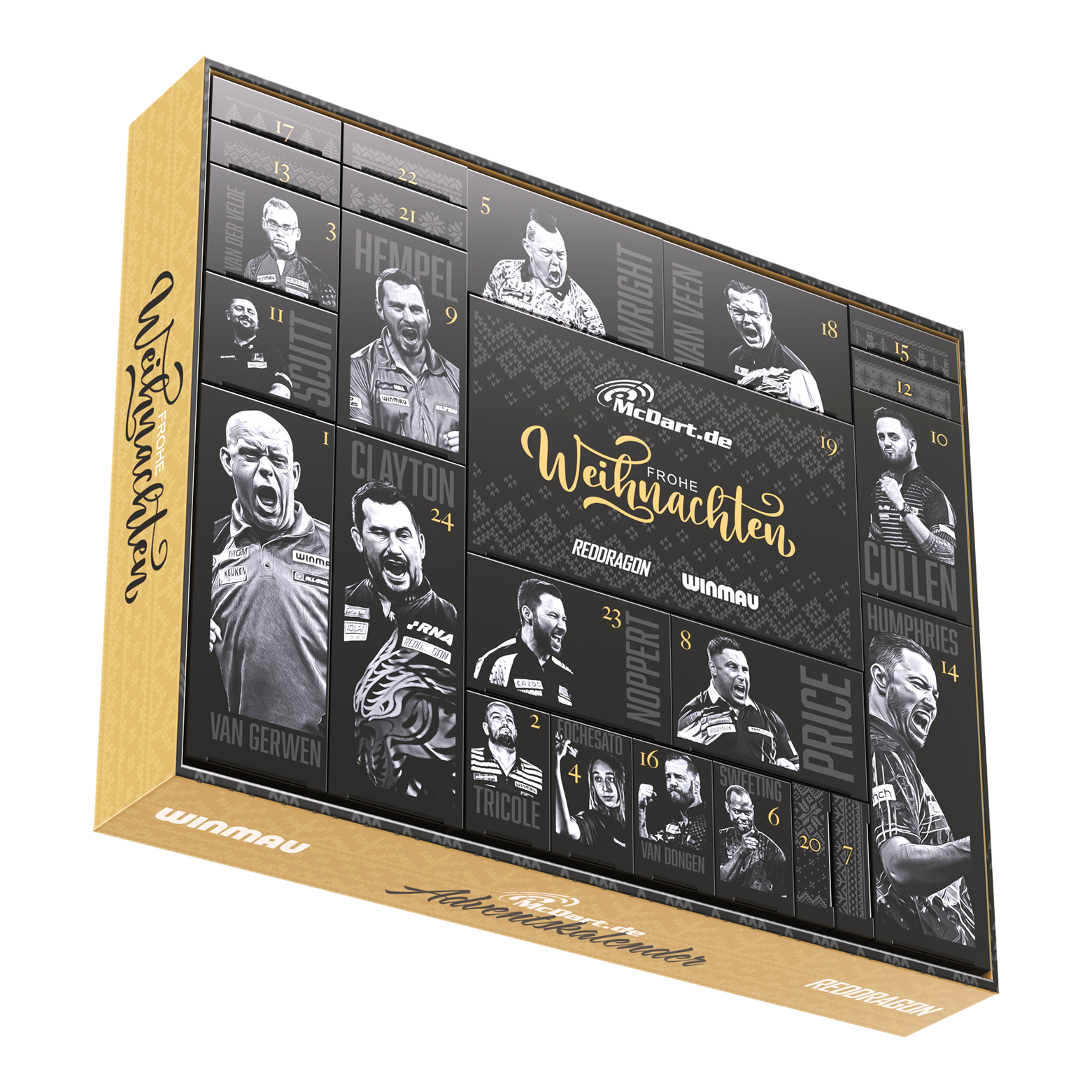 Die Abbildung zeigt den McDart Premium Adventskalender 2025 für Softdart-Spieler. Dieser Kalender ist speziell für Fans des Softdart-Spiels gestaltet.
